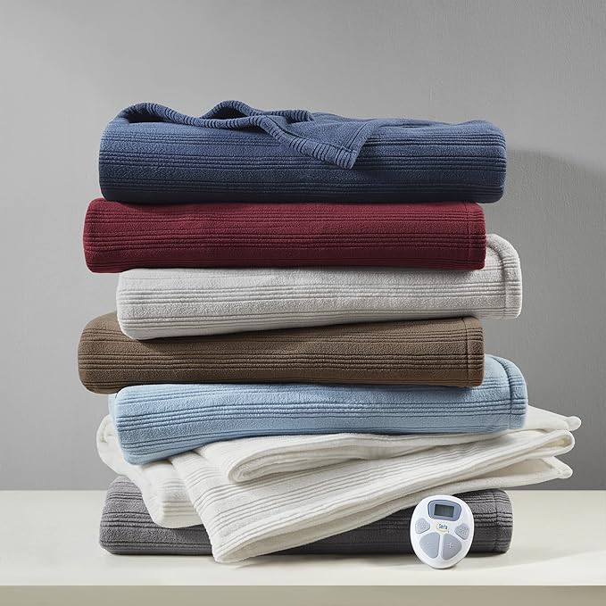 Serta Travis Fleece Ultra Soft Tri-Rib Textured Electric Blanket, Cozy and Snuggly Cover Fast Heating for Cold Weather, Auto Shut Off, Multi Heat Setting Controller, Full, Pumice Stone Grey