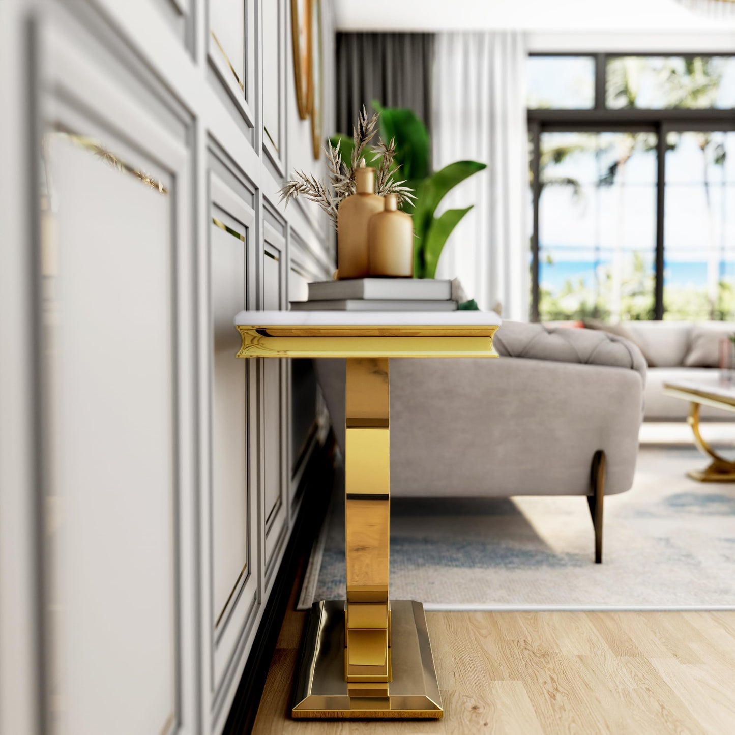 Asday Gold Console Table, 50 Inch Glam White and Gold Entryway Table with U-Shaped Base, Polished Gold Entrance Table with White Top for Entryway, Hallway, Foyer