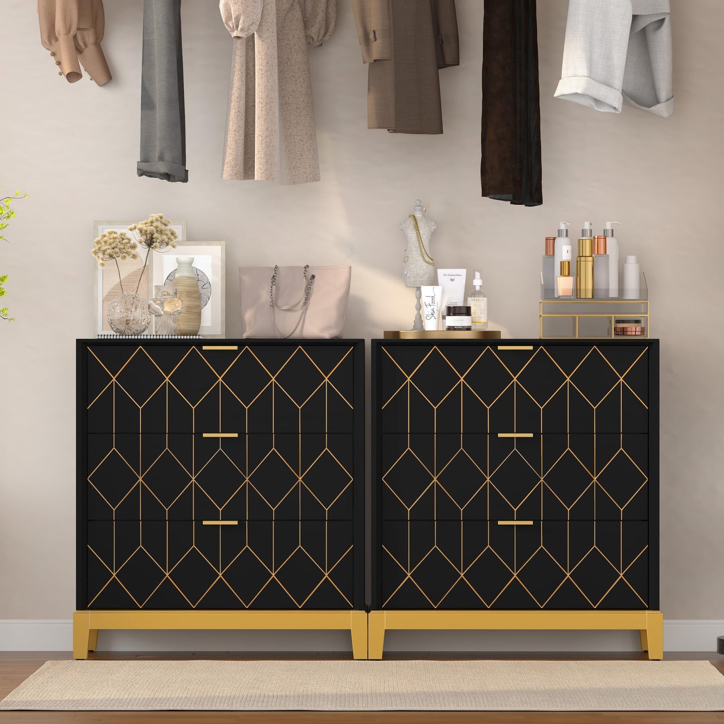 HLR 3 Drawer Dresser for Bedroom, Modern Wood Chest of Drawers with Gold Trim, Accent Dresser Storage Tower, Black Organizer Cabinet for Closet, Living Room, Hallway, Entryway