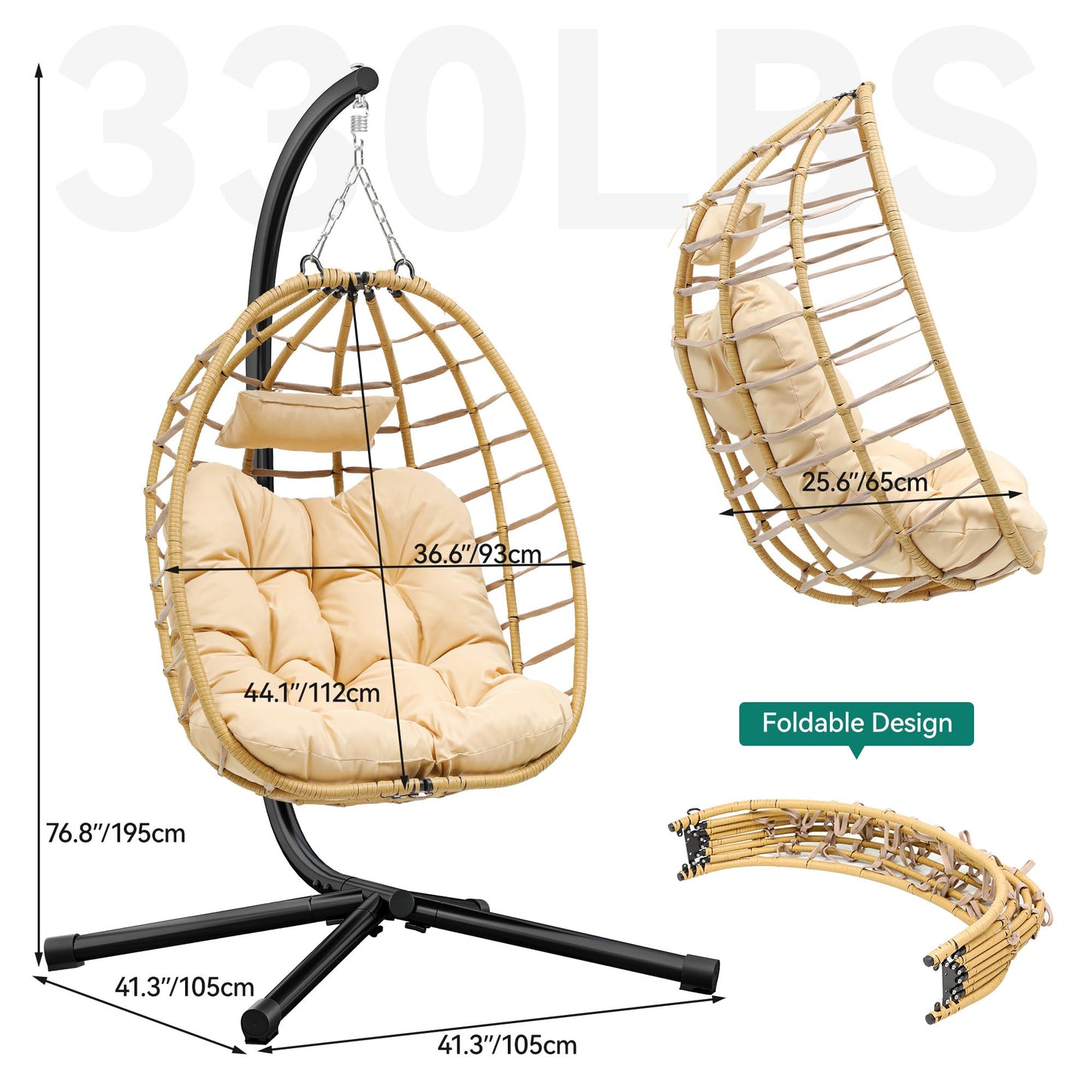 YITAHOME Egg Chair Swing Hanging Outdoor Wicker Hammock Chairs Indoor with Steel Stand UV Resistant Cushion 330lbs for Patio, Bedroom, Garden and Balcony - Beige