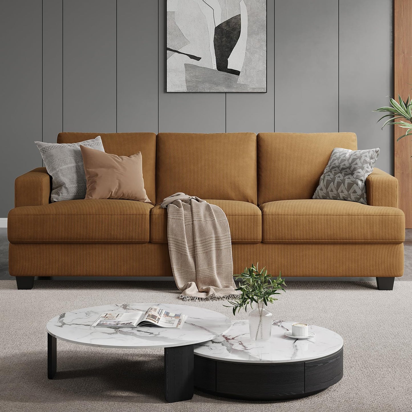 COPIAE 89 Inch Sofa with Extra Deep Seats Oversize, Corduroy Fabric 3 Seater Sofa for Living Room, Modern Couch and Sofa, Comfy Armrests and Seats and Backrests, Easy Installation, Ginger Yellow