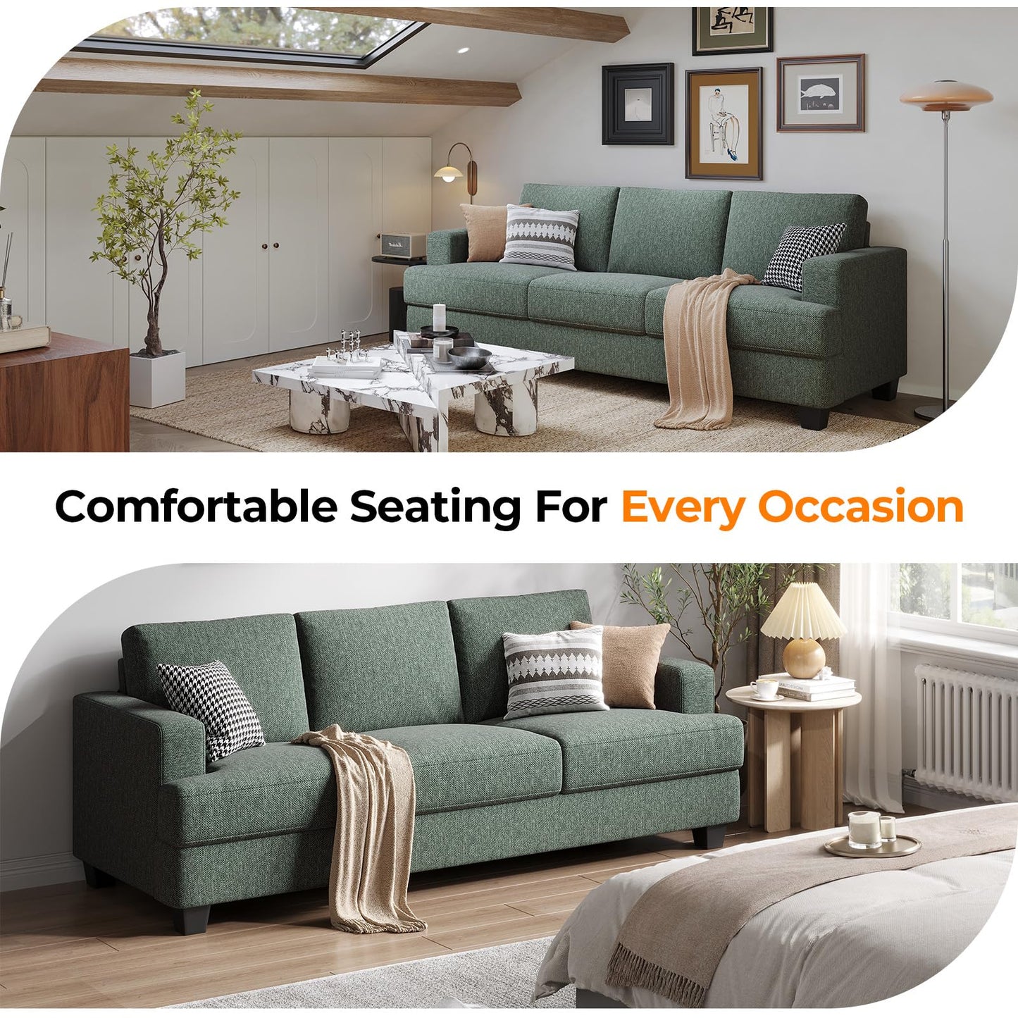COPIAE 89 Inch Sofa with Extra Deep Seats Oversize, 3 Seater Sofa for Living Room,Modern Couch and Sofa, Comfy Armrests and Seats and Backrests, Easy Installation, Light Green