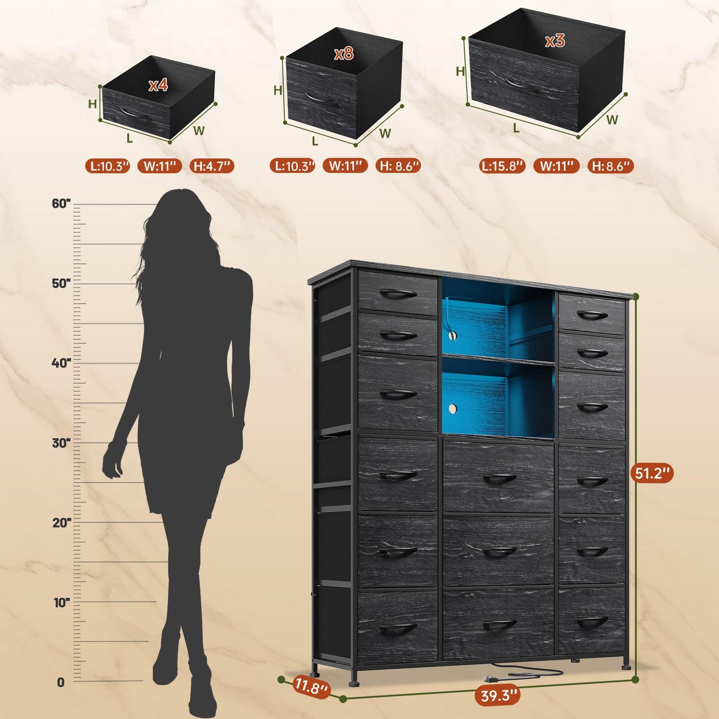 EnHomee 51" H Tall Dresser with 15 Drawers Dresser for Bedroom with Charging Station & LED Lights & Hutch Sturdy Black Bedroom Dressers, Steel Frame, Wood Top, 51.2" H x 39.3" W x 11.8" D
