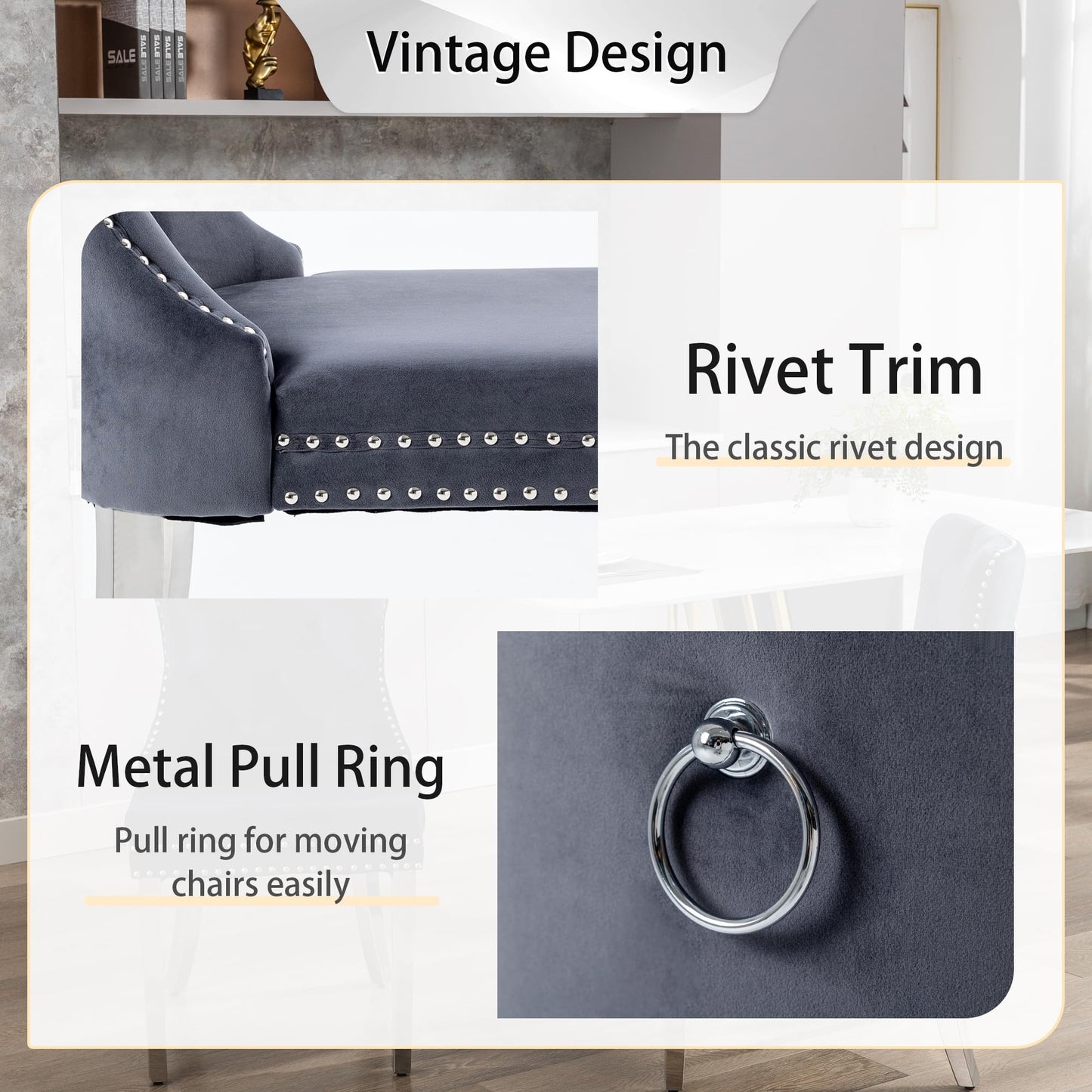 GOOLON Dining Room Chairs Set of 2, Tufted Velvet Chairs with Modern Stainless Steel Legs, Rivet Trim Metal Pull Ring Large Back for Kitchen Dining Room Restaurant, Dark Gray