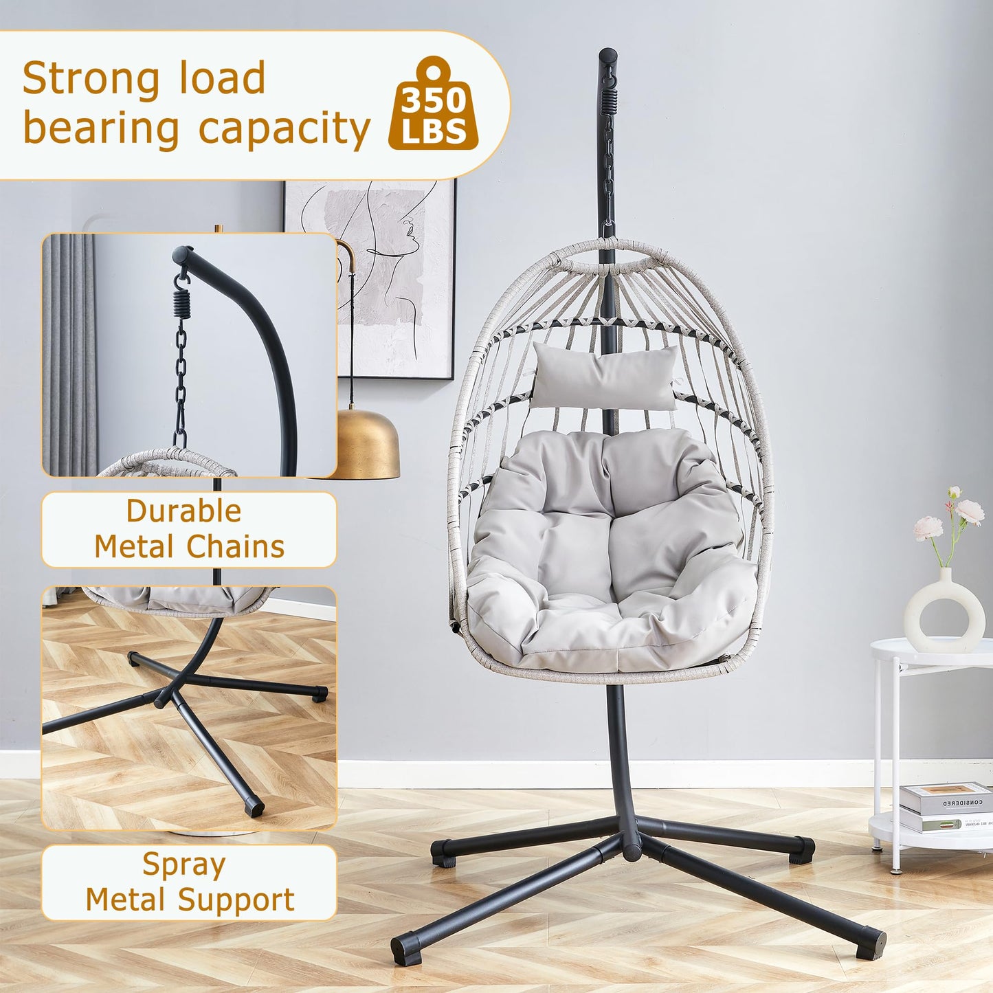 Swing Egg Chair with Stand, Outdoor Hanging Chair with Cushion and Headrest, Rattan Egg Chair for Backyard, Balcony, Indoor, 300lbs Capacity, Grey