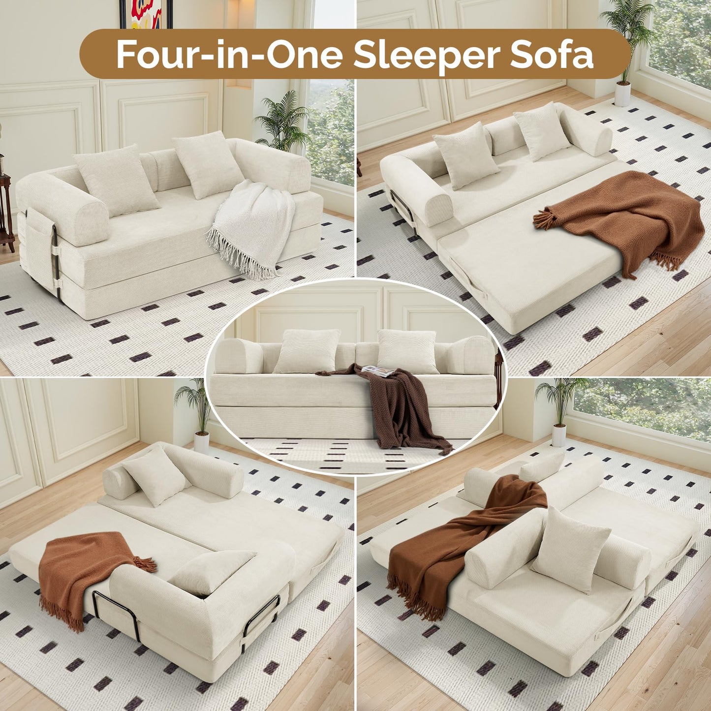 Convertible Corduroy Sleeper Sofa Bed with Cylindrical Pillows,Convertible Mattress Sofa with Fixed Shape Frame, Living Room Bedroom Lounge Studio Use Floor Sofa Lounge,Beige