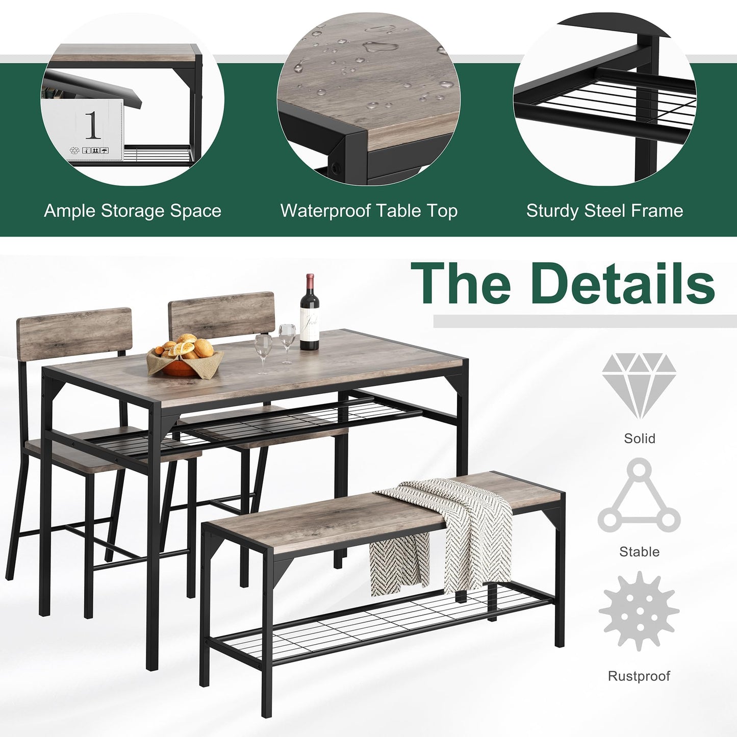 Shintenchi Kitchen Table Chairs Set of 4, Dining Table Set for 4 with Bench and Chairs, 4 Pieces Kitchen Table Set with Storage Rack & Metal Frame for Small Space, Gray