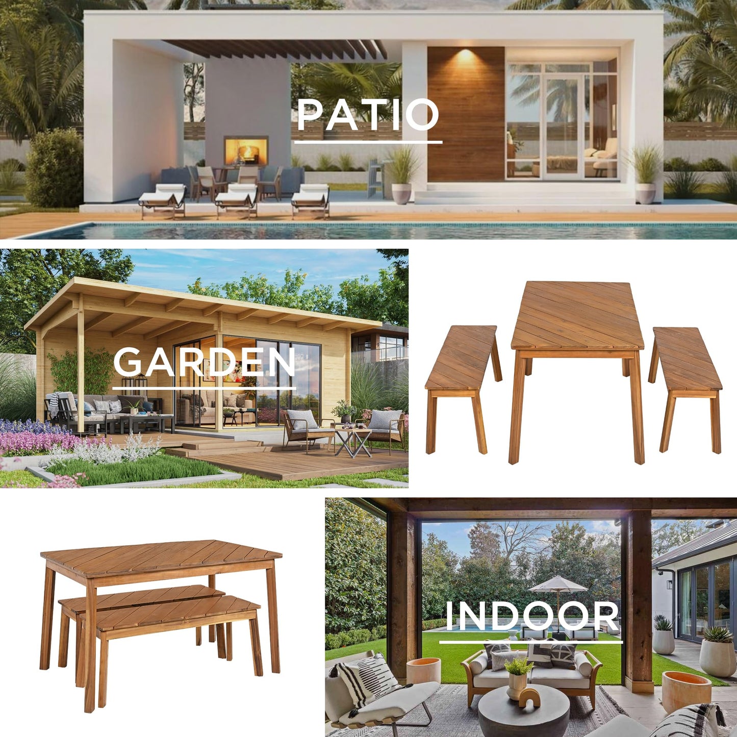 YOPTO 3 Pieces Outdoor Dining Table Set,Acacia Wood Table with 2 Bench, Outdoor & Indoor Furniture Set,Picnic Beer Table for Patio, Porch, Garden,Poolside,Natural
