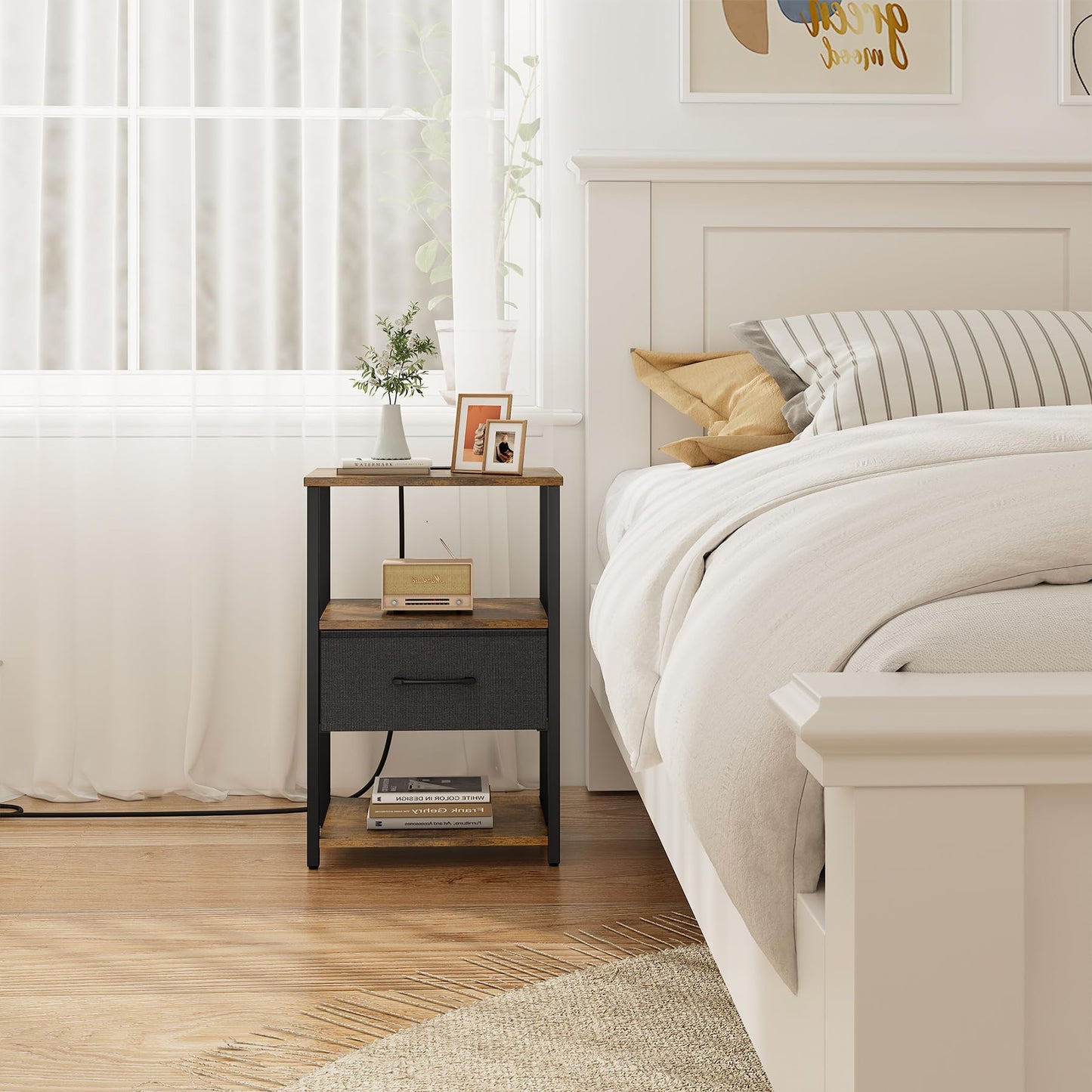 TUTOTAK End Table, Side Table with Charging Station, Nightstand Set of 2, Bedside Table with Fabric Drawer, Couch Table for Livingroom and Bedroom, Brown TB01BB0692