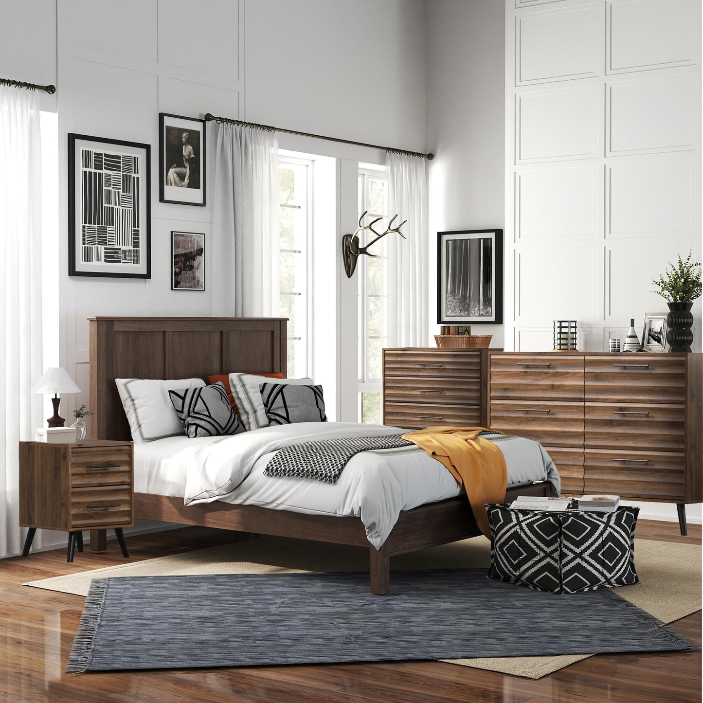 CATMIX Farmhouse Bedroom Set, 3 Pieces Bedroom Furniture Set, Fluted 6 Drawer Dresser and Nightstands, Chest of Drawers Wide Storage Organizer Cabinet for Bedroom