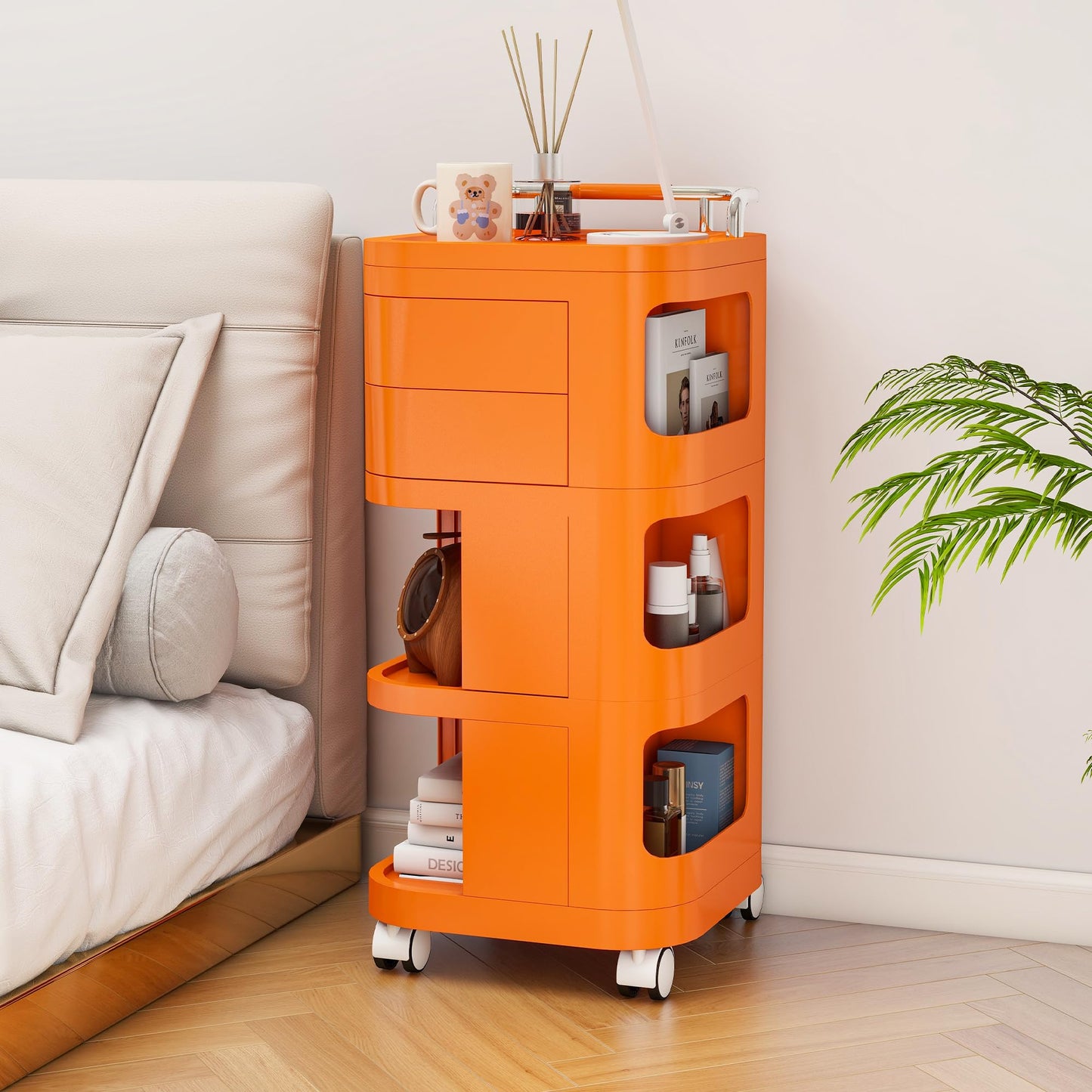 Edospaen Nightstand End Table Sofa Side Table Bedside Storage Organizer Cart with Drawers & Wheels, Multipurpose Portable Utility Cart Snack Storage Cart Trolley Cart