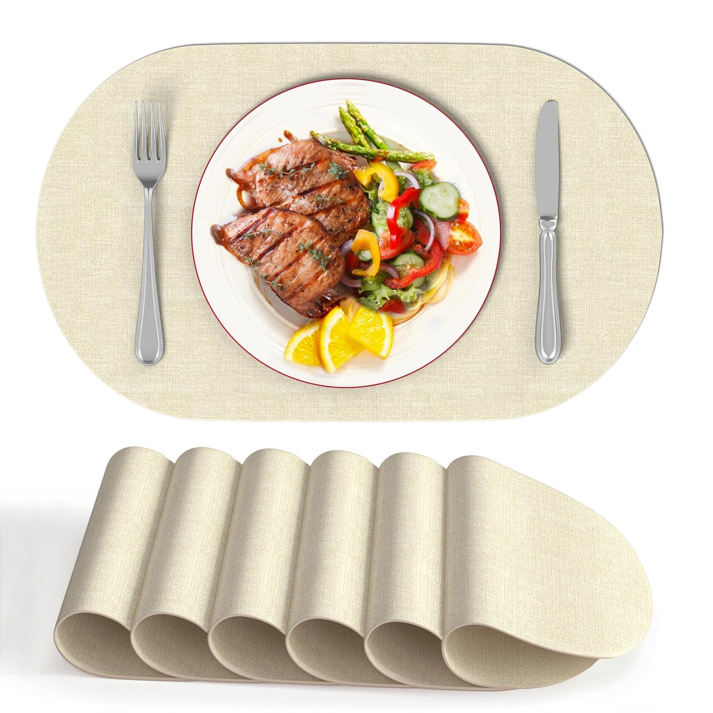 DOLOPL Placemats Set of 6, Oval Reversible Wipeable & Heat Resistant Place Mats, Modern Faux Leather Table Mats for Kitchen, Neutral Tablemats for Dining Table Decor, Wedding, Party(Beige)