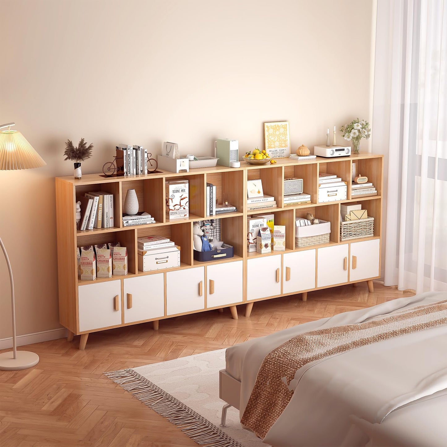 OSCHF Cubby Shelf Bookcase with Doors - Wooden 11 Cube Floor Standing Open Bookshelf with Solid Wood Legs, 3-Tier Storage Cabinet, Oak and Warm White