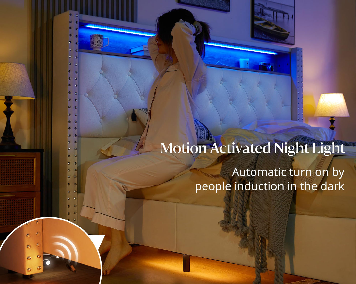 Jocisland Queen Size Bed Frame 53.6'' Tall Headboard LED Lights and Charging Station, Velvet Hign Upholstered Platform Bed Wingback Storage, No Box Spring Needed, Motion Activated Light, Light Cream