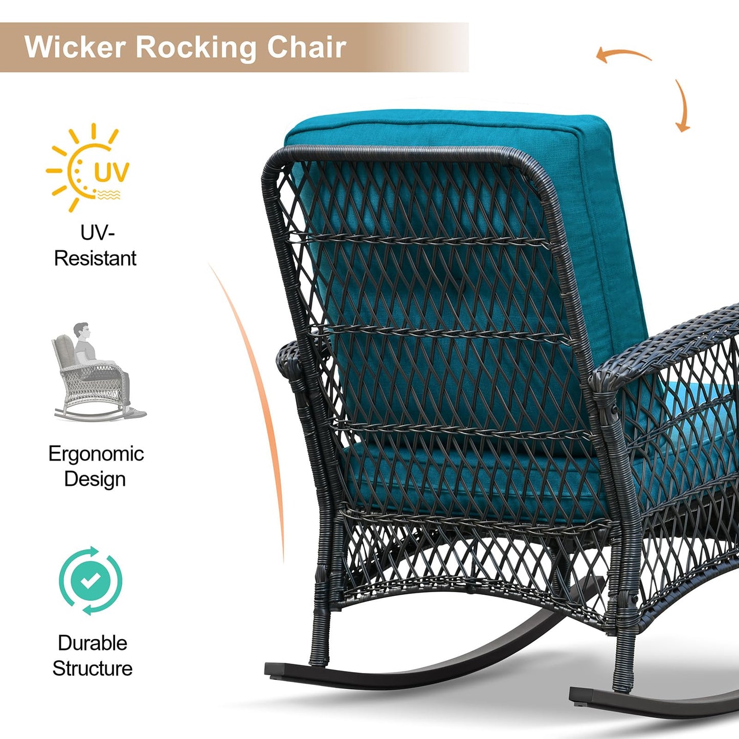 Skypatio Outdoor Wicker Rocking Chairs Set of 2 and Coffee Table, 3 Pieces Patio Bistro Furniture Set with Comfortable Cushions for Balcony, Porch, Backyard, Deck(Peacock Blue)