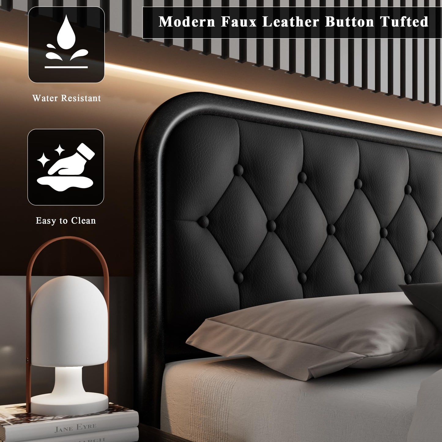 Feonase Queen Size Bed Frame, Heavy Duty Bed Frame with Faux Leather Headboard, Upholstered Platform Bed with Strong Metal Slats, 12" Under-Bed Storage, Noise-Free, Easy Assembly, Black