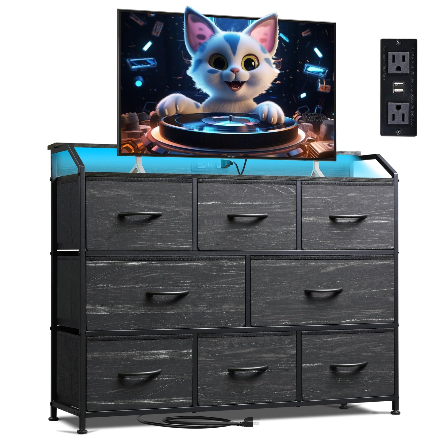 WLIVE Led Dresser for Bedroom, TV Stand for Bedroom with LED Lights and Power Outlet, Wide Chest of Drawers for Hallway, 8 Fabric Drawers for Living Room and Entryway, Charcoal Black Wood Grain Print