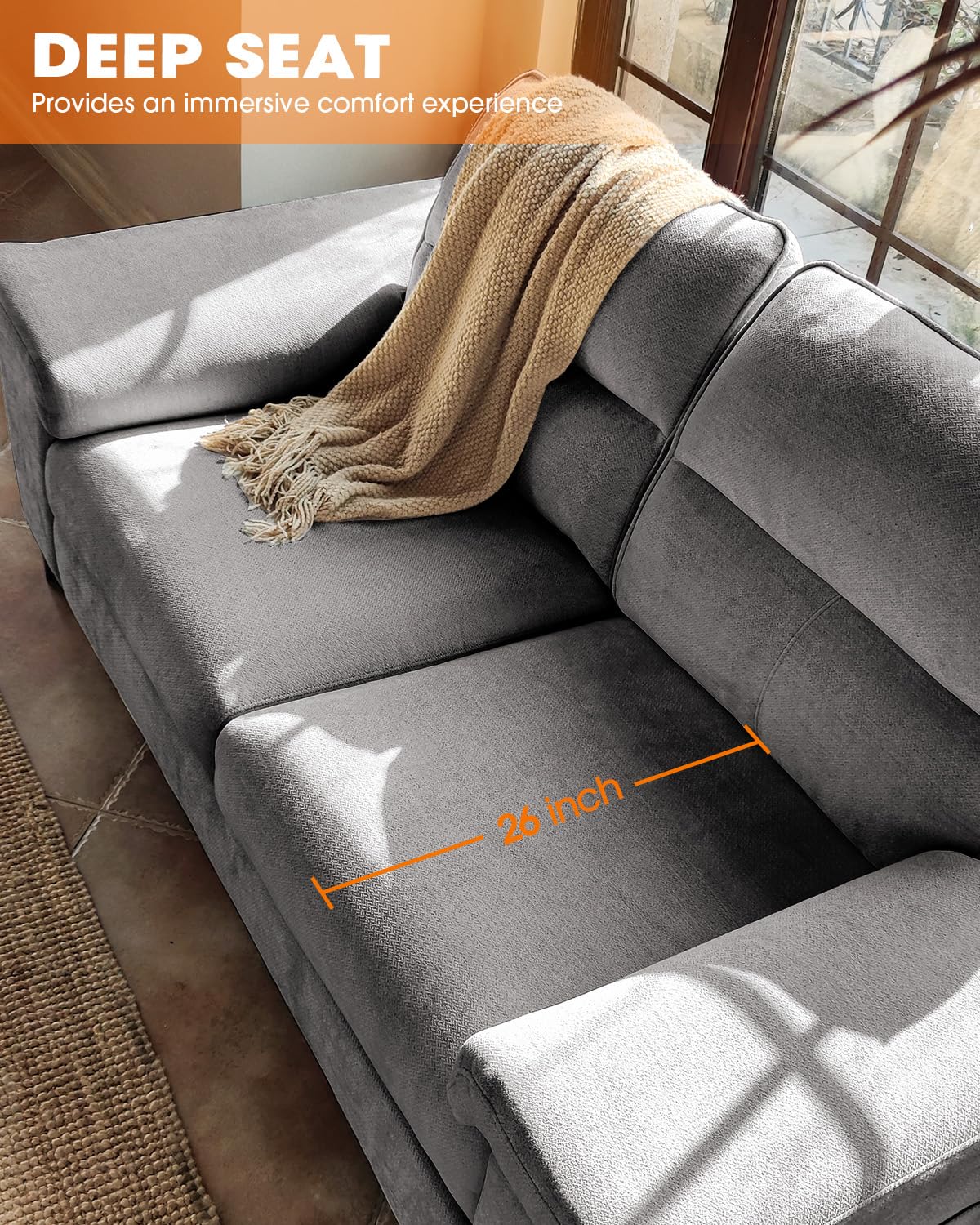 88.97" Modern Sofa Couches for Living Room, Deep Seat Sofas with 8”Cushion, Comfy 2-Seater Chenille Loveseat with Convertible Armrest, Removable Sofa Cover, High Leg(Light Gray)