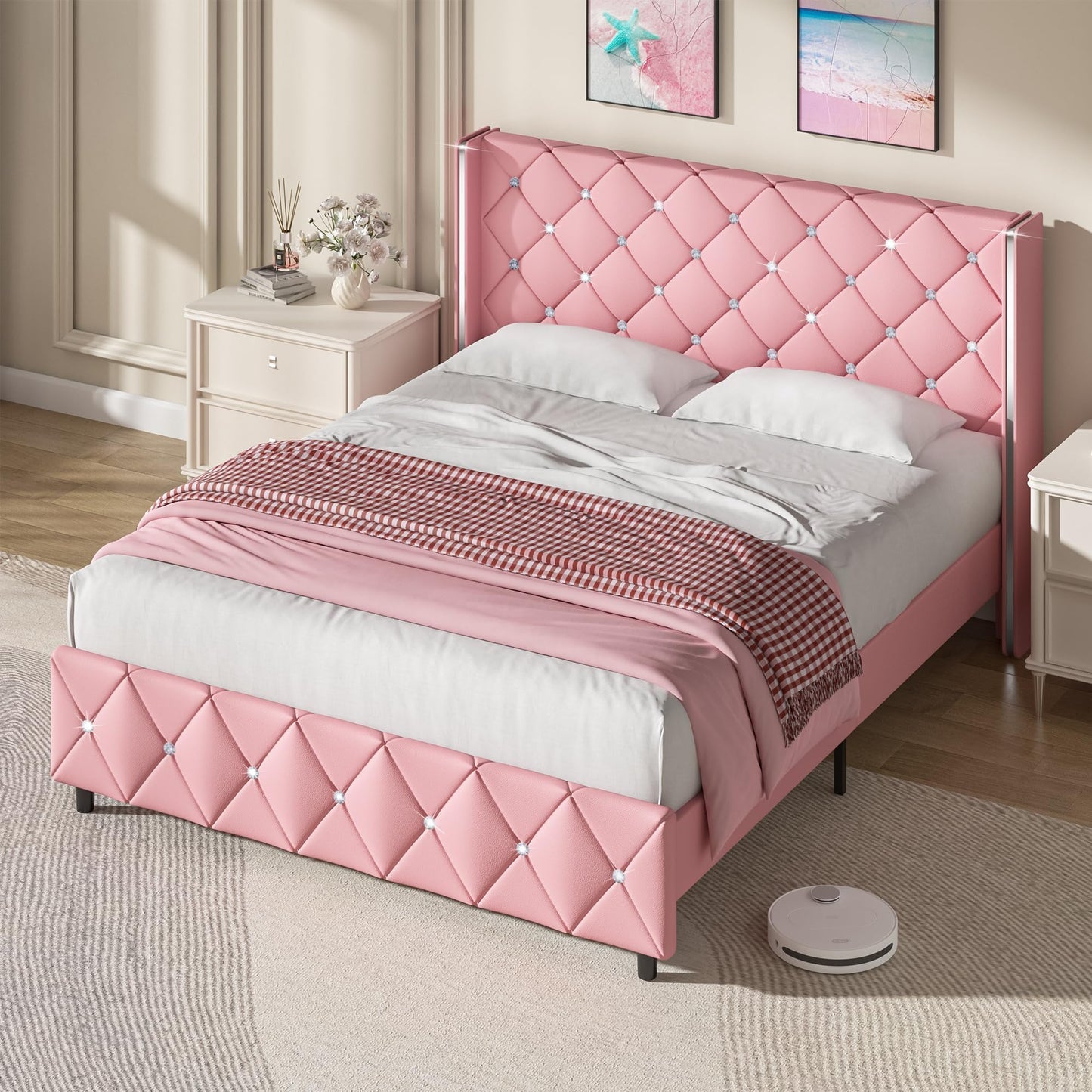 Bed Frame Queen Size with Headboard, Velvet Upholstered Bed with Diamond Tufted Design, Modern Queen Bed Frame, No Box Spring Required, Easy Assembly, Pink