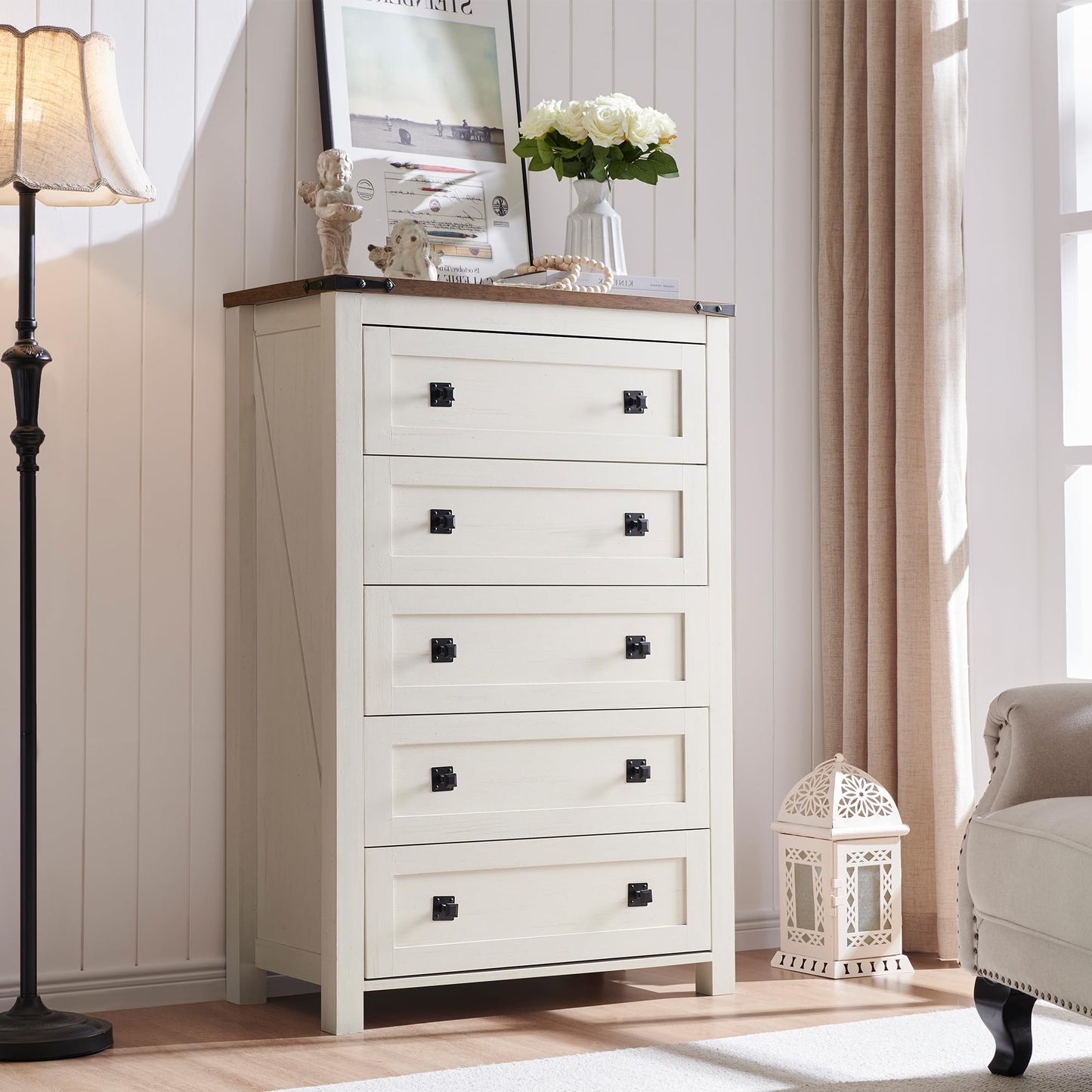 T4TREAM Farmhouse 5 Drawers Dresser Chests for Bedroom, Wood Rustic Tall Chest of Drawers, Dressers Organizer for Bedroom, Living Room, Hallway, Antique White