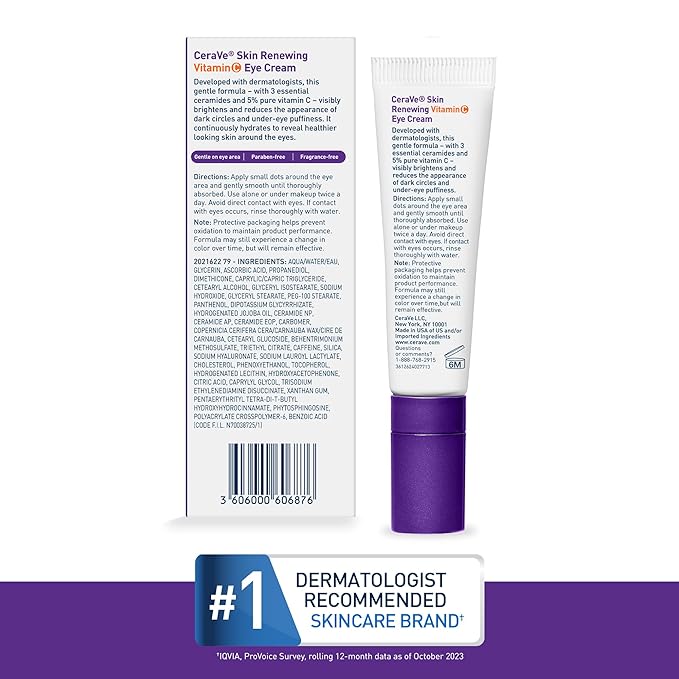 CeraVe Skin Renewing Vitamin C Eye Cream, Vitamin C, Hyaluronic Acid, Ceramides & Caffeine, Under Eye Cream For Dark Circles and Puffiness, Fragrance Free & Ophthalmologist Tested, 0.5 Fl. Oz