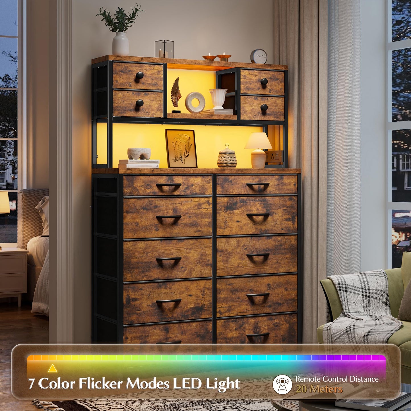 EnHomee Tall Dresser for Bedroom with 14 Storage Drawers,Fabric Dresser with Charging Station and LED Lights,Dressers & Chests of Drawers for Bedroom, Steel Frame & Wooden Top,Rustic Brown
