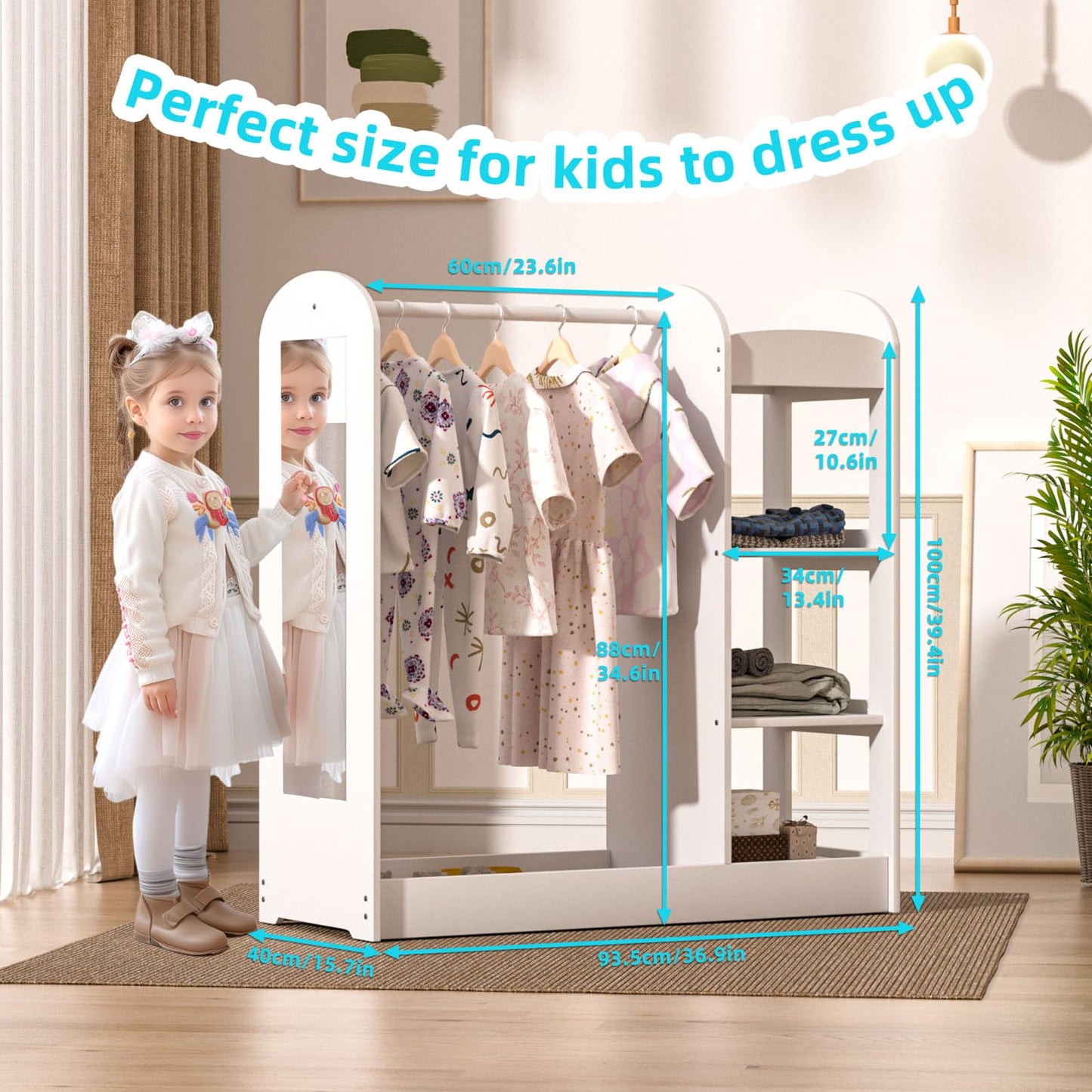 Glaf Kids Dress up Storage with Full Length Mirror, Kid Wardrobe Closet with 3-Tier Shelve, Clothes Rack and Bottom Tray, Opening Hanging Kids Armoire Baby Closet for Nursery & Kids Room (White)
