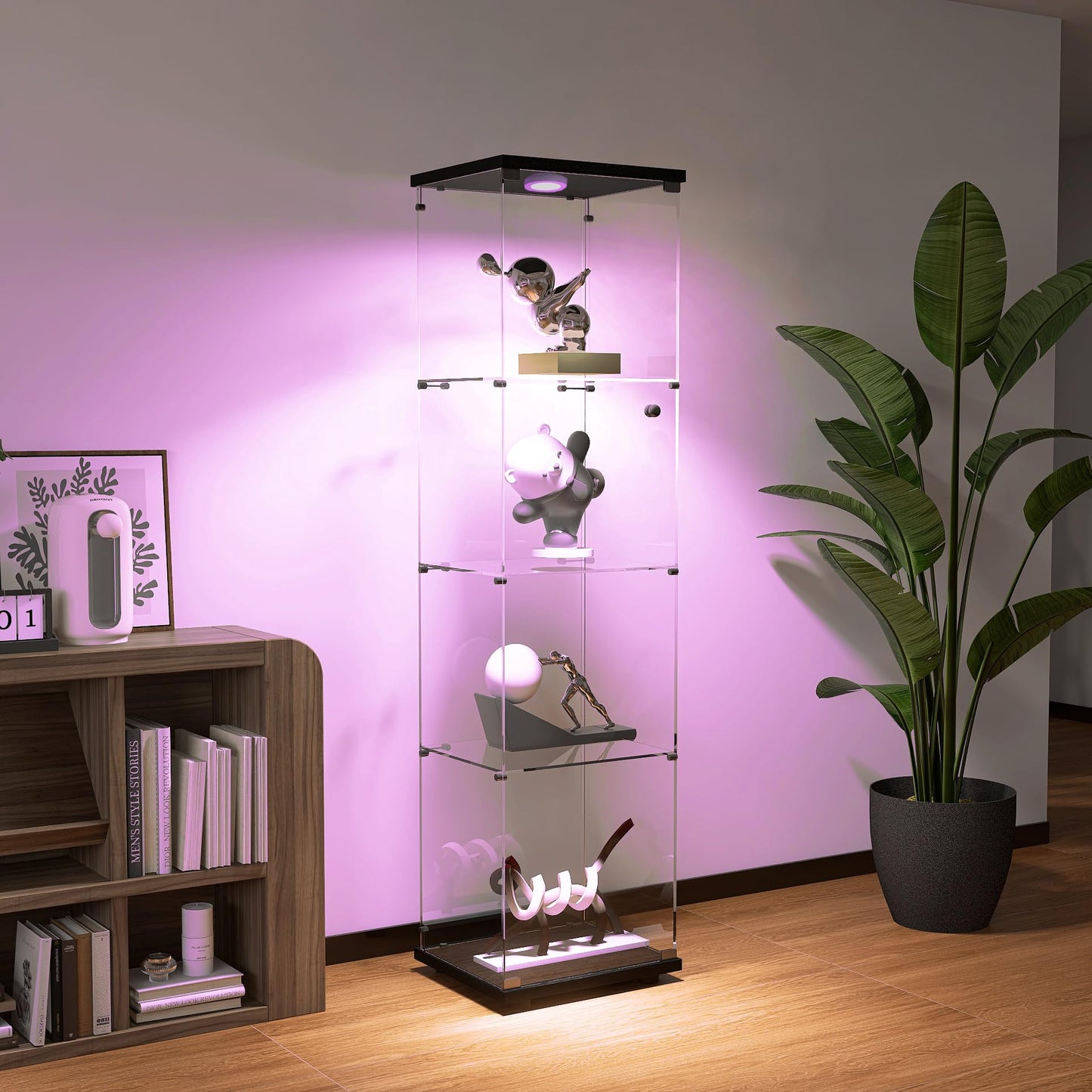 Zacis Glass Display Cabinet with Lights and Lock, 4-Tier Display Case Curio Cabinet with Glass Door, Floor Standing Showcase for Living Room Bedroom Home Office 16.7" W x 14.3" D x 64.5" H