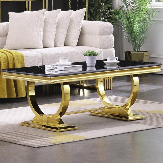 ACEDÉCOR Gold Coffee Table for Living Room, 48 inch Rectangular Black and Gold Coffee Table with Polished Stainless Steel U Base