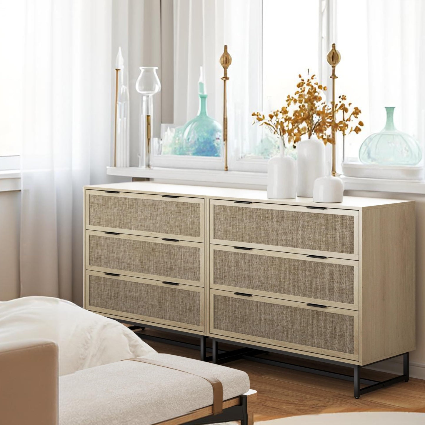 SOLACE FURNITURE Rattan Dresser for Bedroom with 3 Drawer, 37.2" Wide Dresser with Metal Handles, Wood Storage Chest of Drawers for Living Room and Hallway, Natural Oak