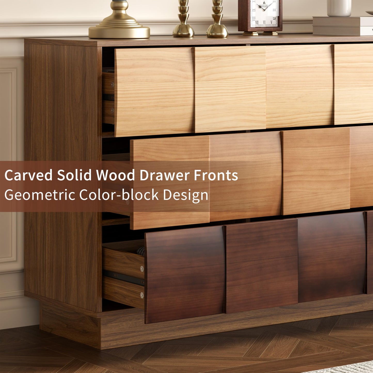 Lamohome 9 Drawer Dresser with Solid Wood Drawer Fronts, 65" Chest of Drawers Modern Wood Dresser with Artistic Gradient Finish for Bedroom & Living Room