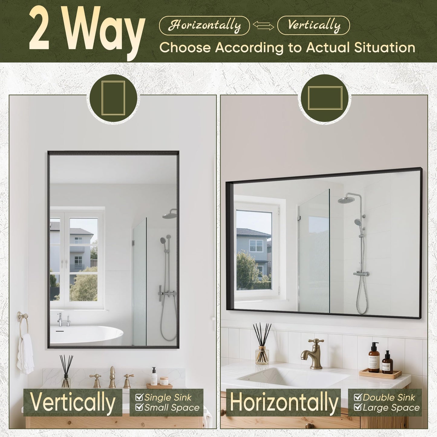Suidia Bathroom Mirror, 60" x 30" Wall Mirror Metal Framed, Bathroom Vanity Mirror for Living Room Bedroom Bathroom Entryway, Black, Rect Corner Style