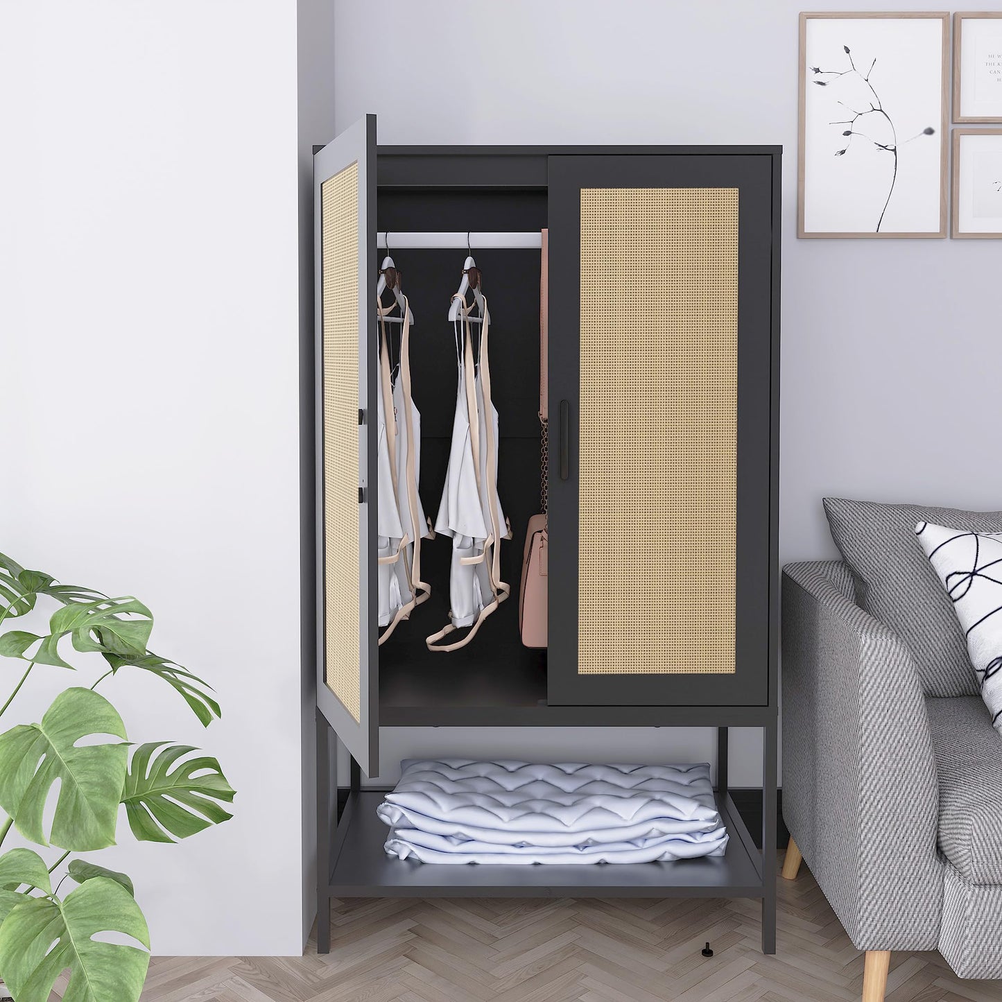 Gyger Wardrobe Closet with 2 Doors，Rattan Bedroom Armoires with Hanging Rod Freestanding Wooden Wardrobe Cabinet with Shelves,Black