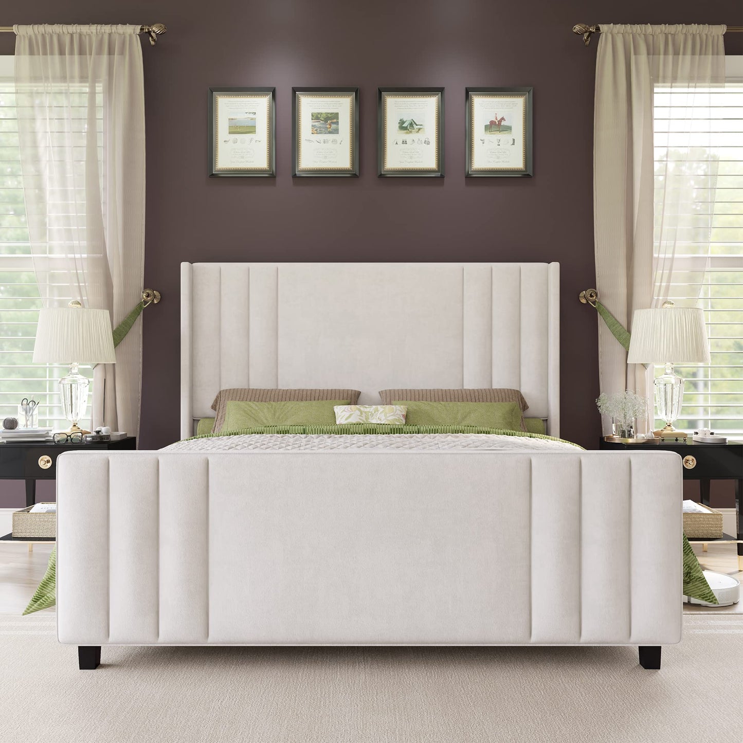 AMERLIFE Queen Size Bed Frame, Velvet Upholstered Platform Bed with Vertical Channel Tufted Headboard & Footboard/Wingback, Mattress Foundation with Wood Slats, No Box Spring Needed, Cream