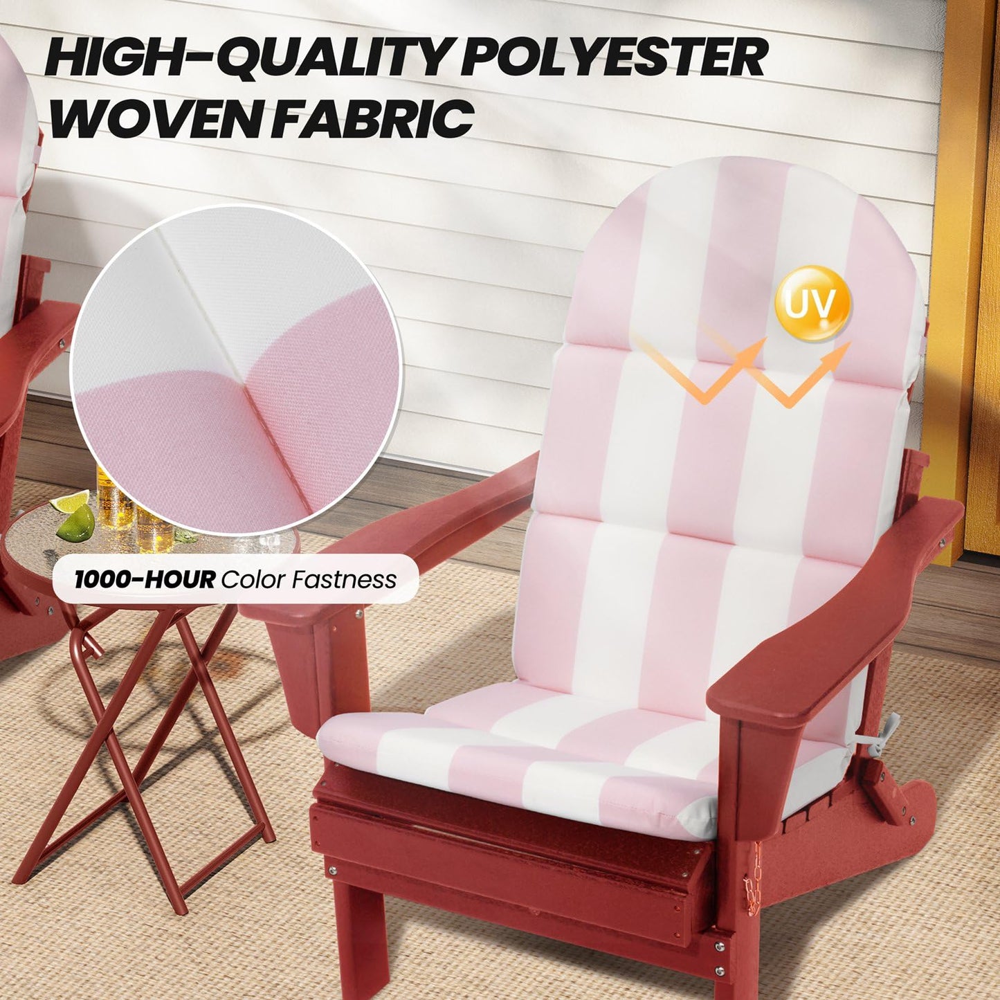 Crestlive Products Adirondack Chair Cushion Outdoor Rocking Chair Cushion Water Repellent 50x19.6x2.3 Inch High Back Patio Cushions Pink White Stripe