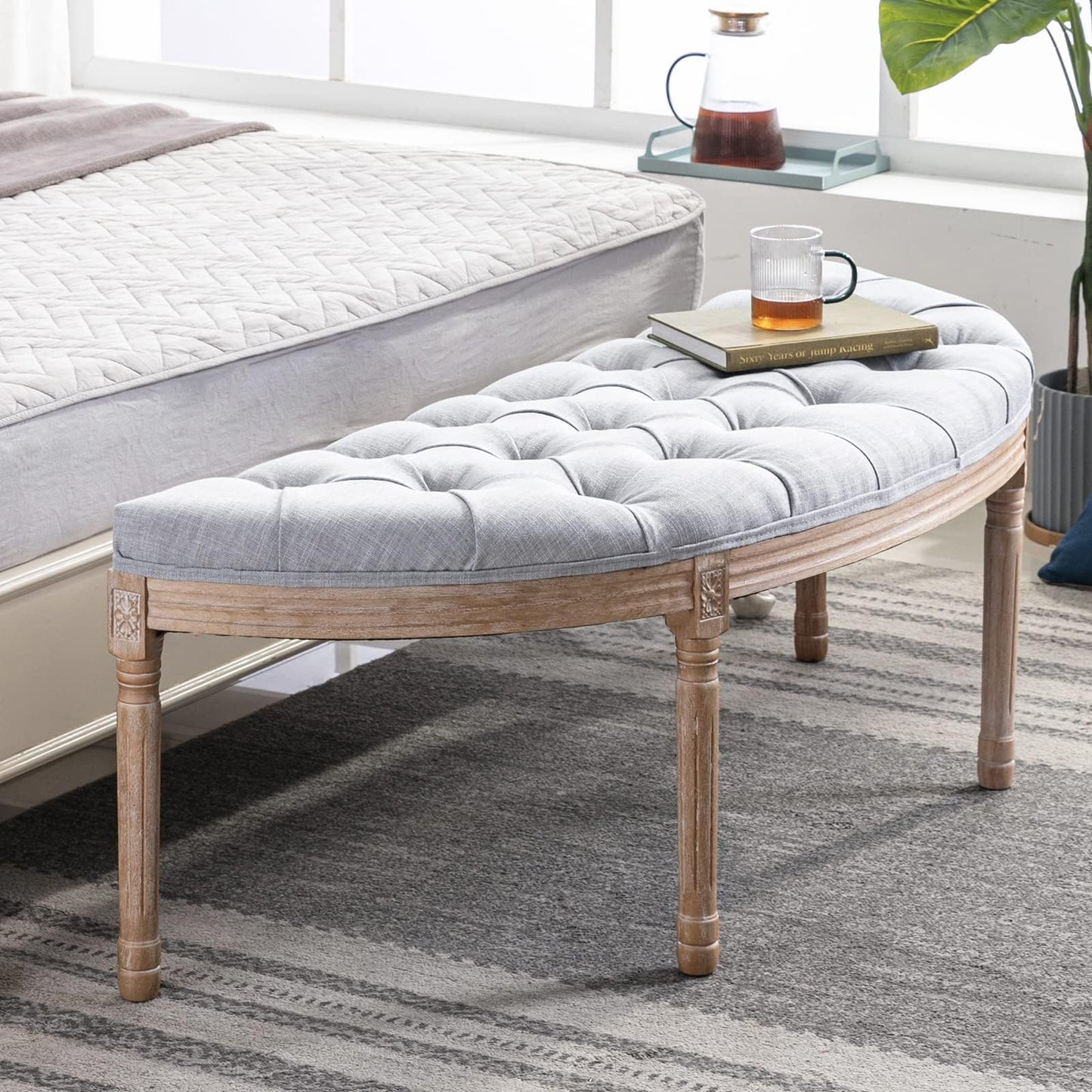 LZAREAL 55" End of Bed Bench Vintage Half Moon Upholstered Fabric Semi-Circle Entryway Bench with Padded Seat & Rubberwood Legs, Tufted Dining Bench for Dining Room Bedroom Living Room Hallway, Grey