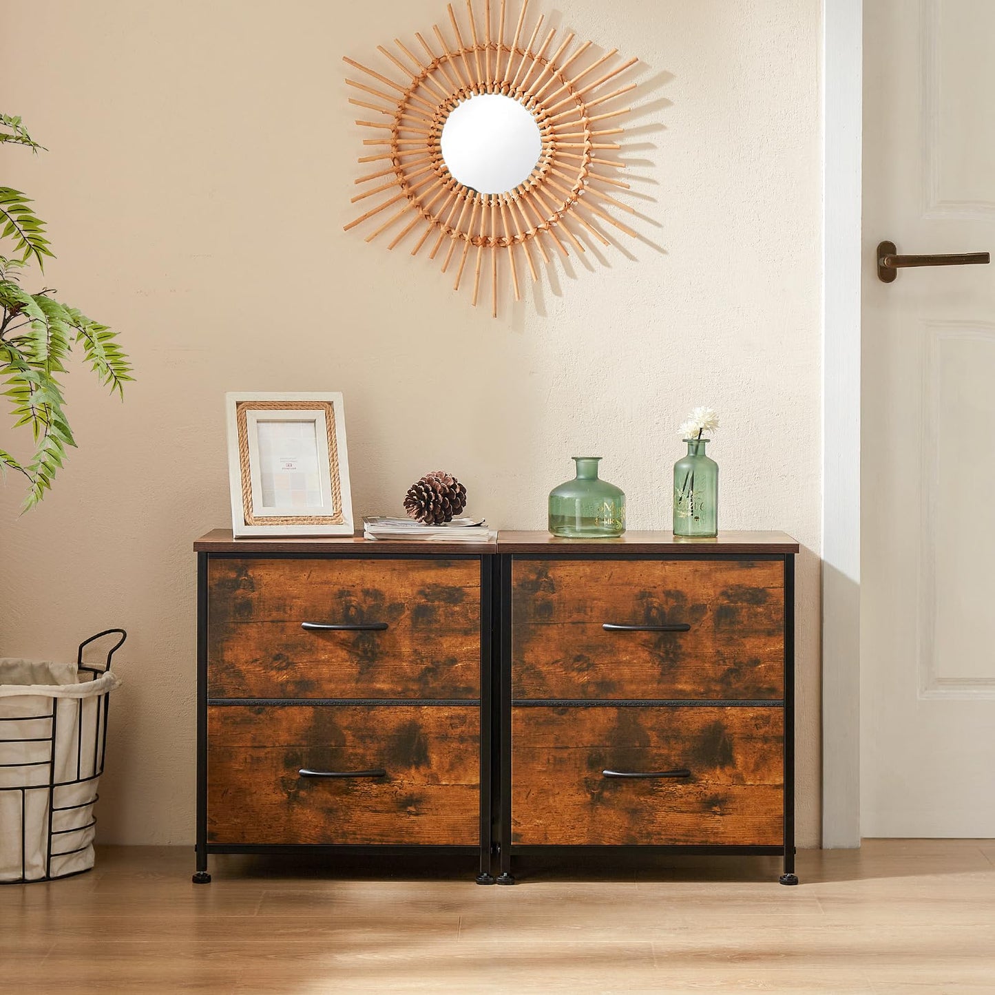 KMFurnila Rust Nightstands Set of 2 with Two Drawer Side Tables Living Room 2 Drawer Dresser Bedroom End Bedside Table Cabinet with Storage Night Stand, Wooden Top Metal Frame Handle, 20'' Tall