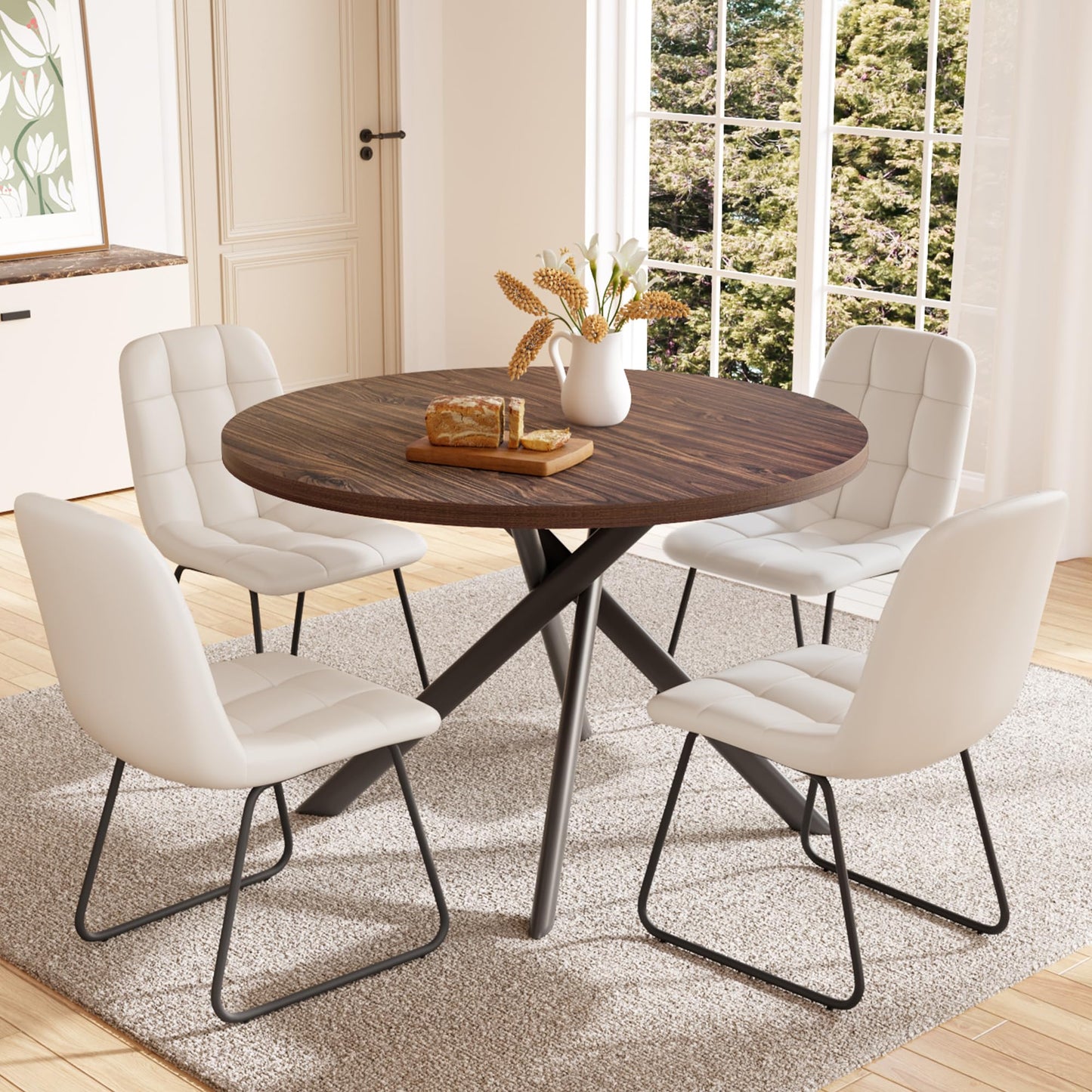 HIPIHOM 45.3 Inch Round Dining Table Set for 4, Mid Century Modern Small Coffee Set for Dining Room Kitchen Apartment (Walnut Table + 4 U-Shaped White Chairs)