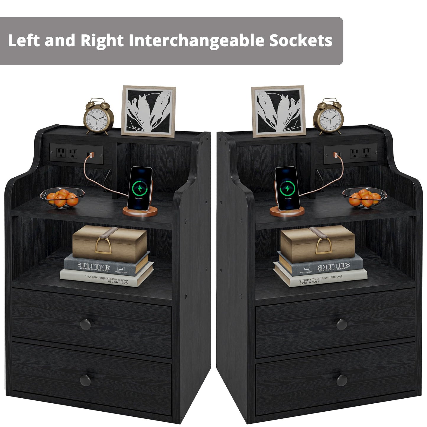 LIKIMIO Black Nightstand with LED Charging Station 2 Drawers and Storage Shelves, Left and Right Interchangeable Sockets Bed Side Table Night Stand with Drawer