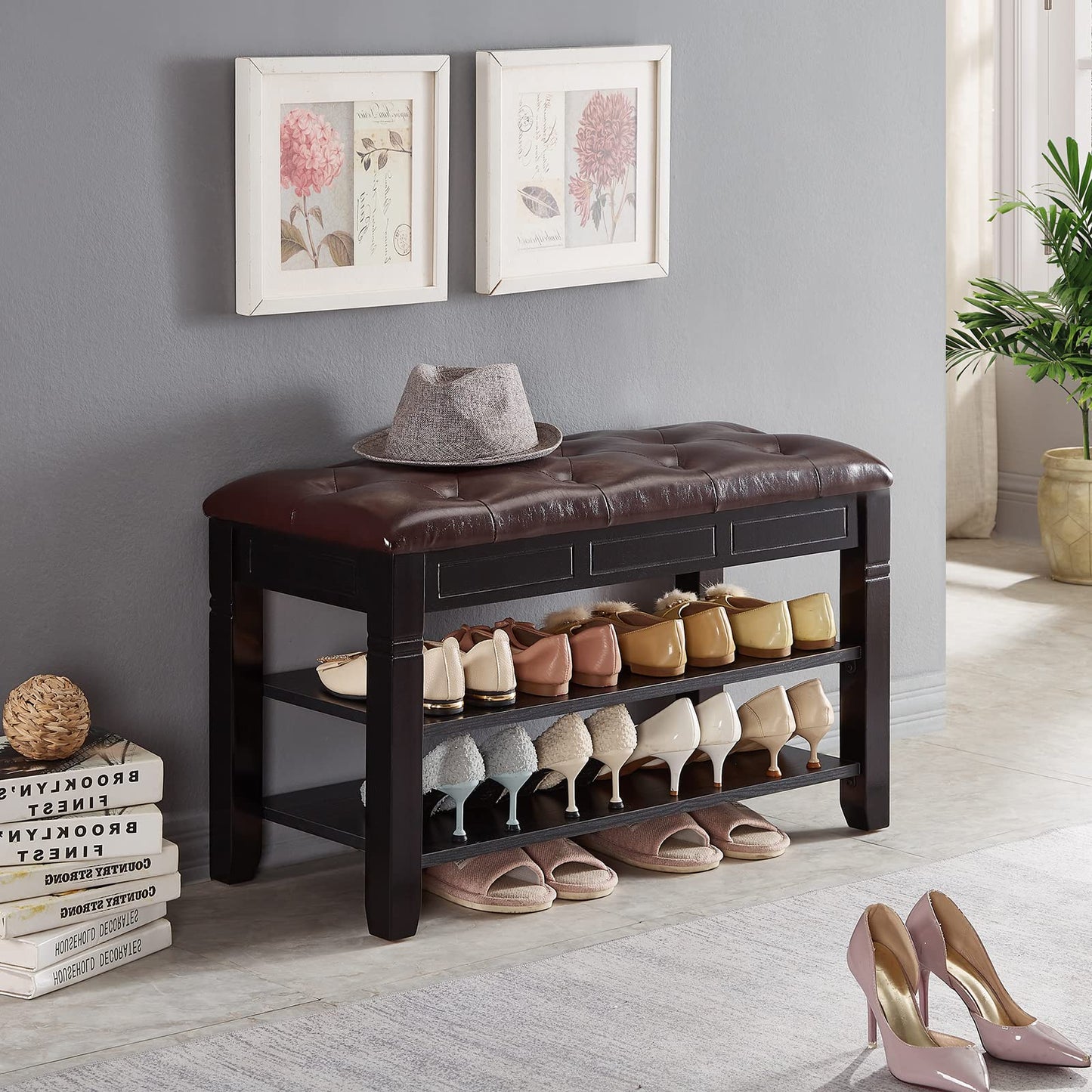 ZIRKOOON Shoe Storage Bench, Entryway Shoe Rack with Fiberleather Seat 2-Tier Lift Top Organizer Wooden Shoe Bench for Entryway Hallway Living Room (Black 31.5x13.8x18.9'')