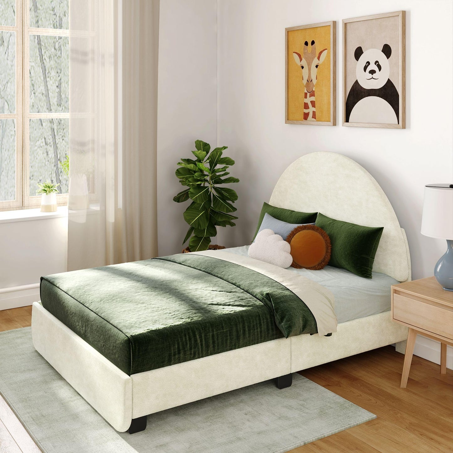 Max & Lily Upholstered Full Bed Frame with Arch Headboard, Upholstered Platform Bed for Kids, No Box Spring Needed, Easy Assembly, Cream