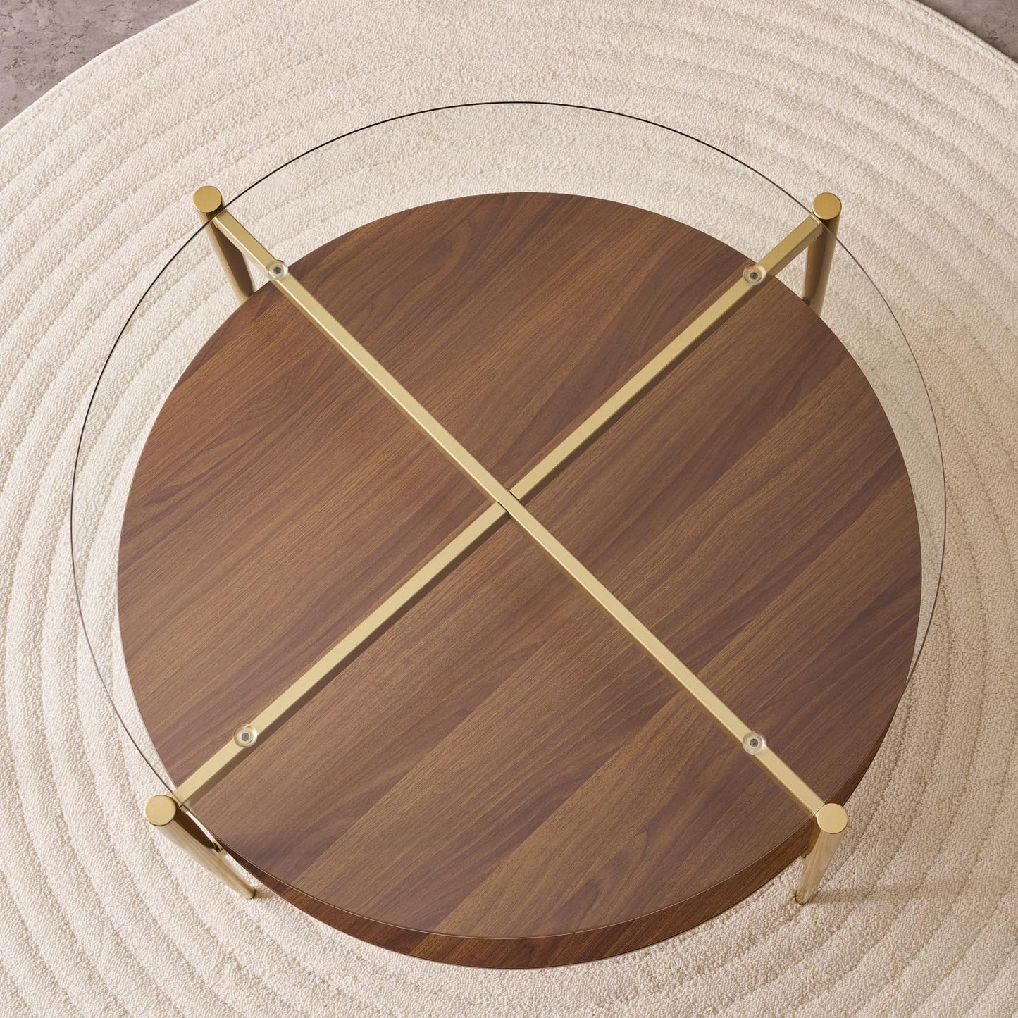 LumFurn Round Coffee Table, Mid-Century Modern Design, D30“ x H17”, for Living Room, 2-Tier Structure, Clear Glass Top and Walnut MDF Shelf, Sleek Conical Metal Legs with Gold Finish