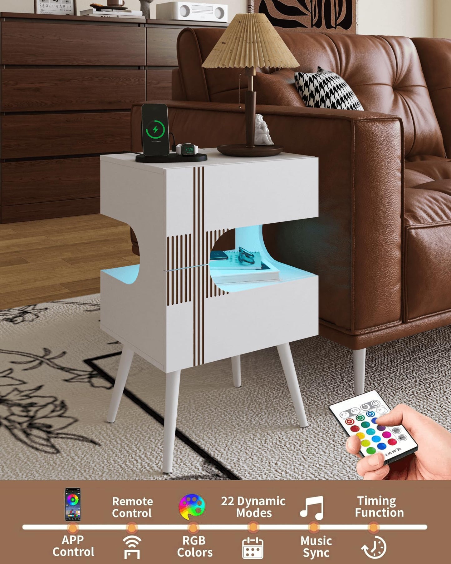 JOONEE White Nightstand with Charging Station and LED Lights,Modern Bedside Table with 2 Storage Drawer,Night Stand with Solid Wood Legs,White (White-2)