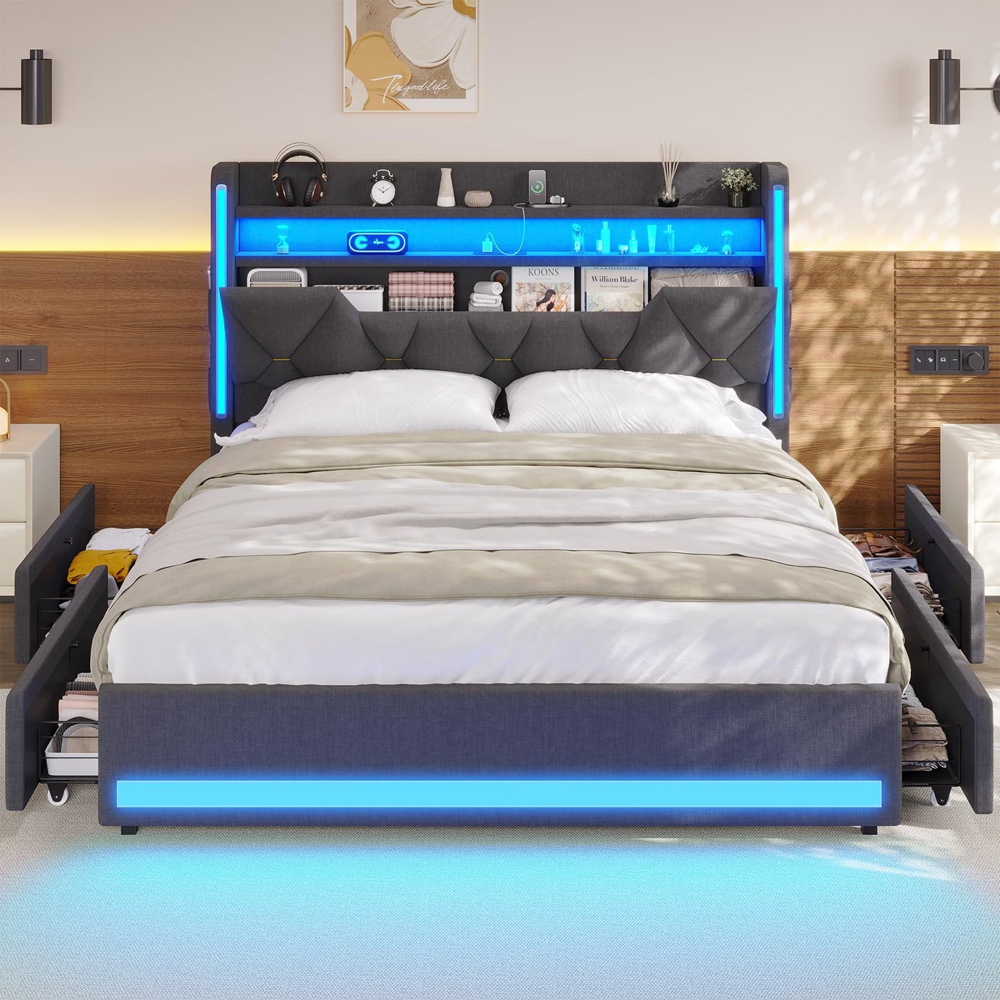 busyaeh Queen Size Bed Frame with 4 Drawers,Light up Bed Frame with Headboard and Storage, Metal Queen Platform Storage Queen Bed with Charging Station, No Box Springs Needed, Easy Assembly,Dark Gray