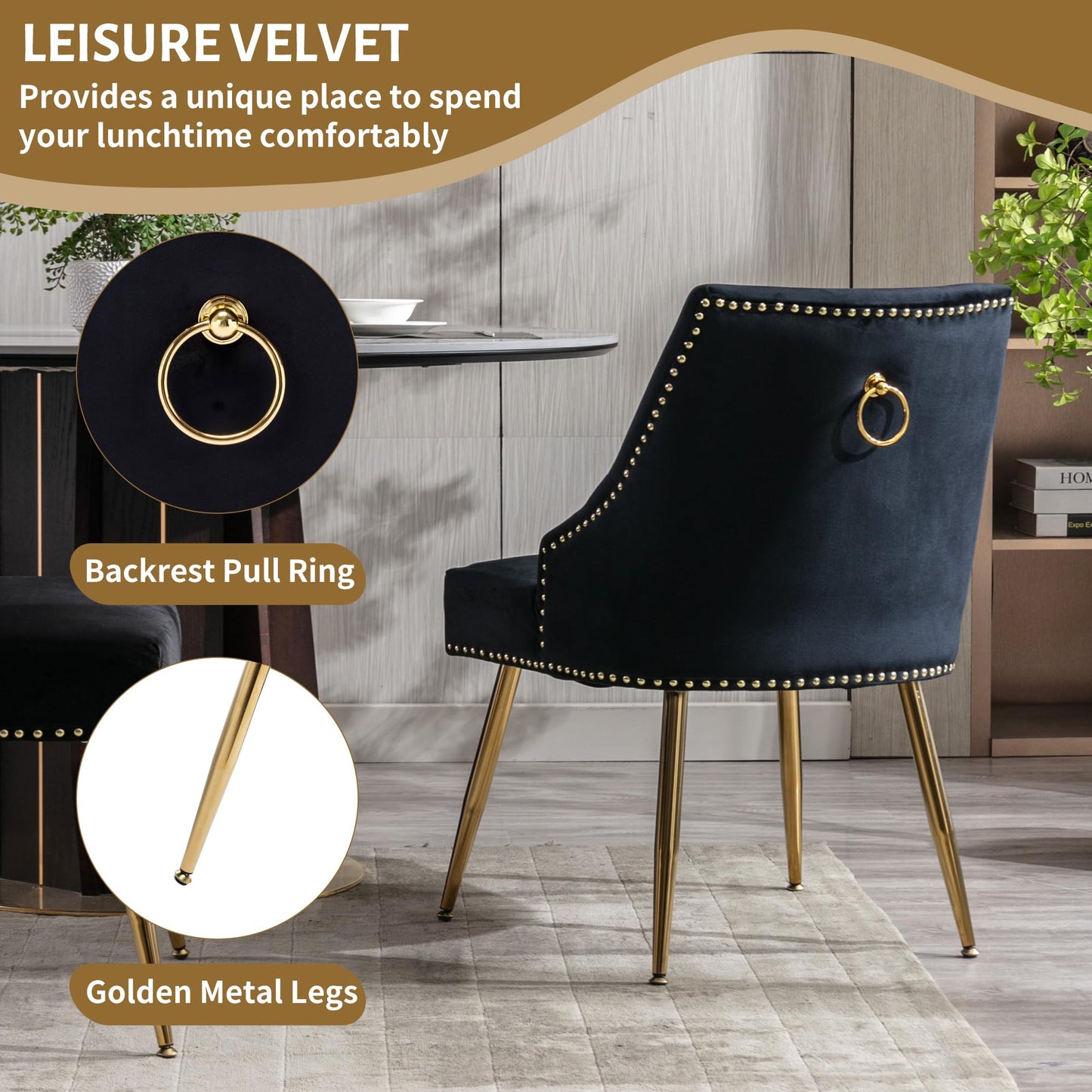 KCC Velvet Dining Room Chairs Set of 2 Nailhead Back Ring Pull Trim with Gold Legs for Kitchen Living Room(Black)
