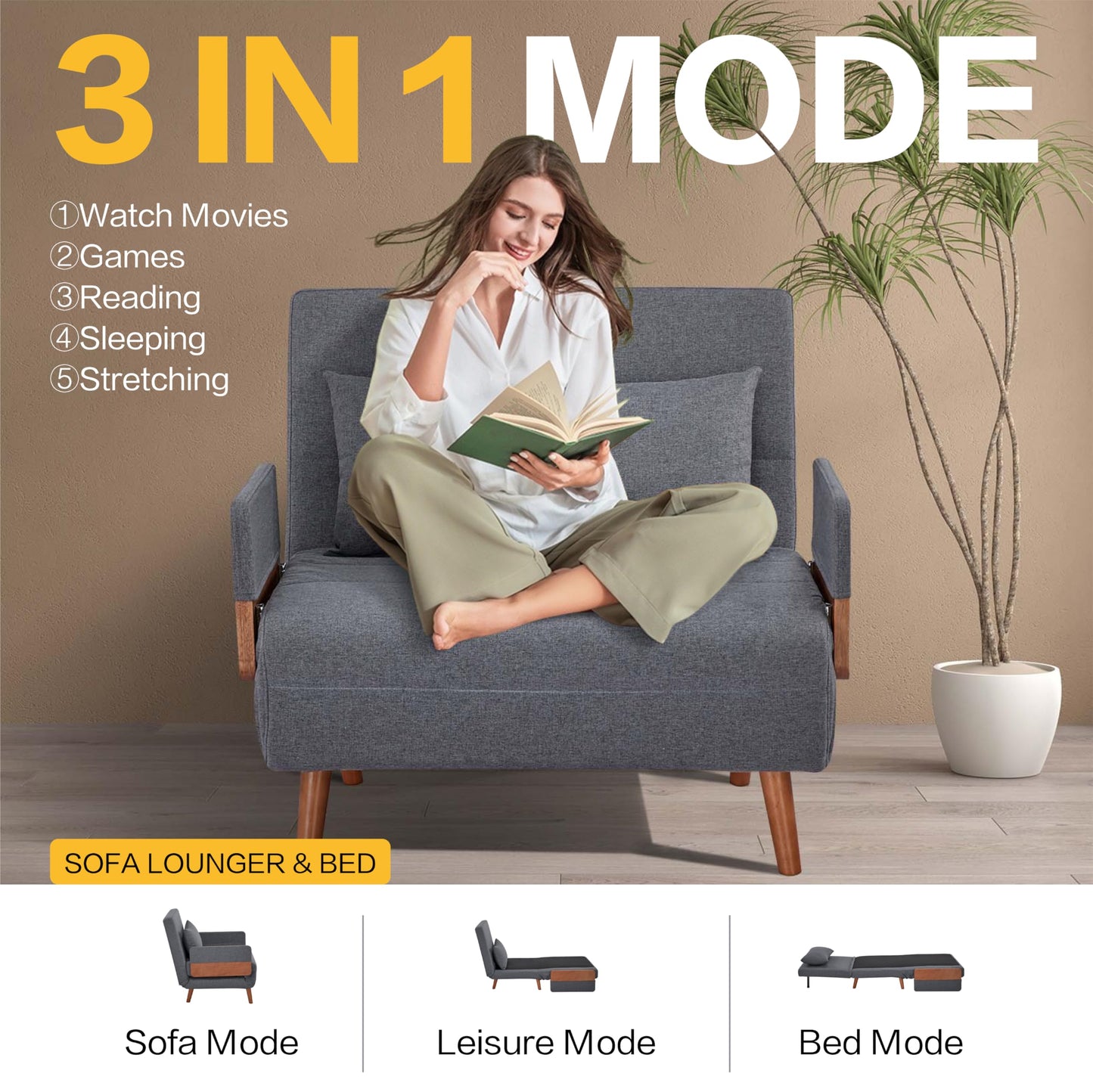 CITTANEO Convertible Sleeper Chair, 3-in-1 Chair Bed Sleeper for Adults with 3-Position Adjustable Backrest, Pillow and Wooden Arms, Folding Sofa Bed for Apartment, Dorm, Office, Gray