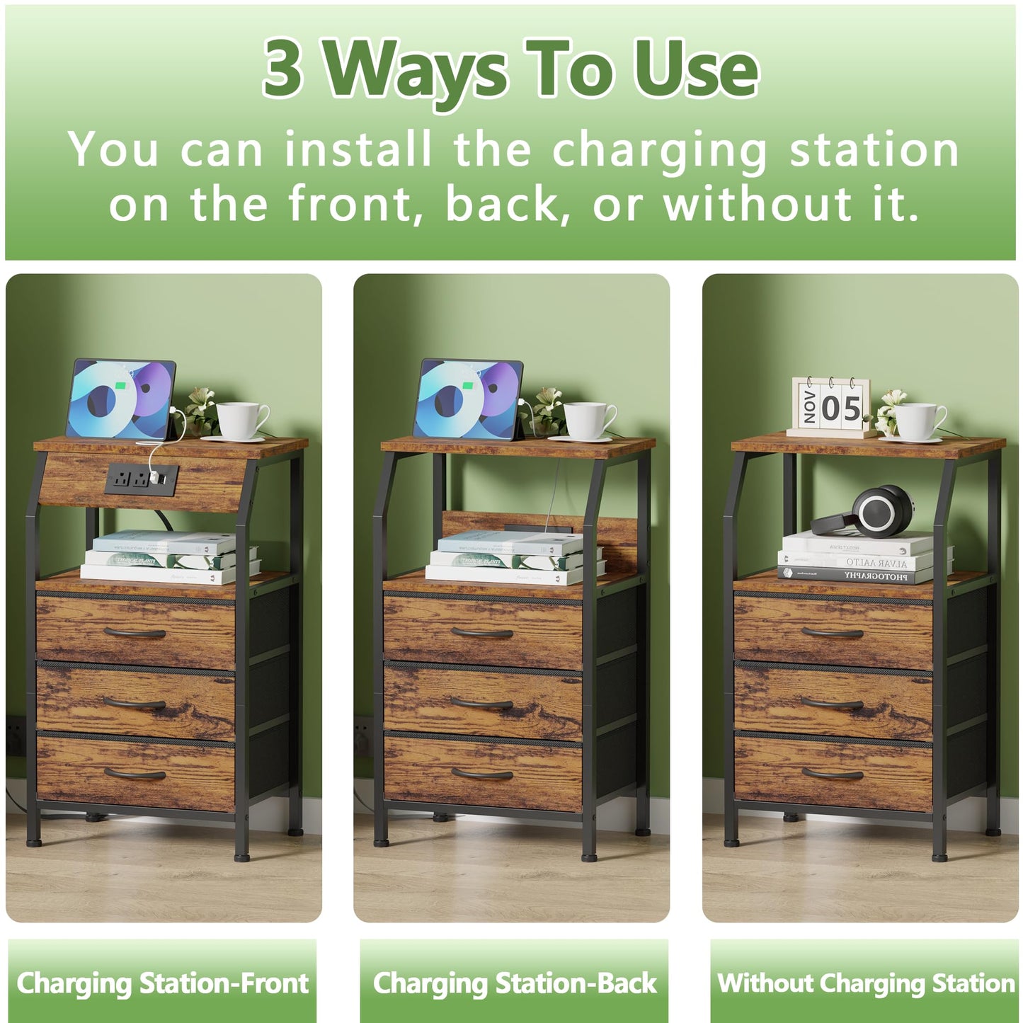 Furnulem Night Stand with Charging Station, USB Ports and Outlets, 28.3 Inch Tall Bedside Table with Wood Shelf, 3 Fabric Drawers Side Table for Bedroom, 3 Ways to Use, Rustic Brown