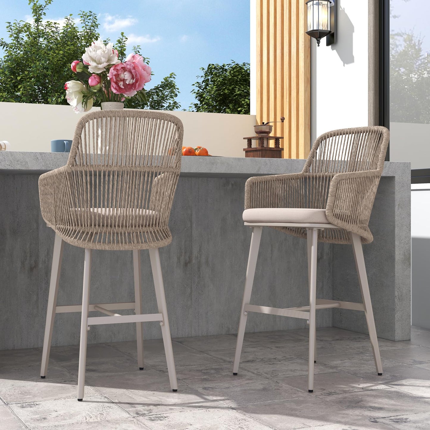 Patiorama Outdoor Bar Stools Set of 2, 46"" Counter Height Bar Stools Chair w/Woven Rope Back and Arm, Patio Metal Modern Wicker Bar Chairs, Rattan Bar Stool for Kitchen Island, Pool, Indoor,Beige