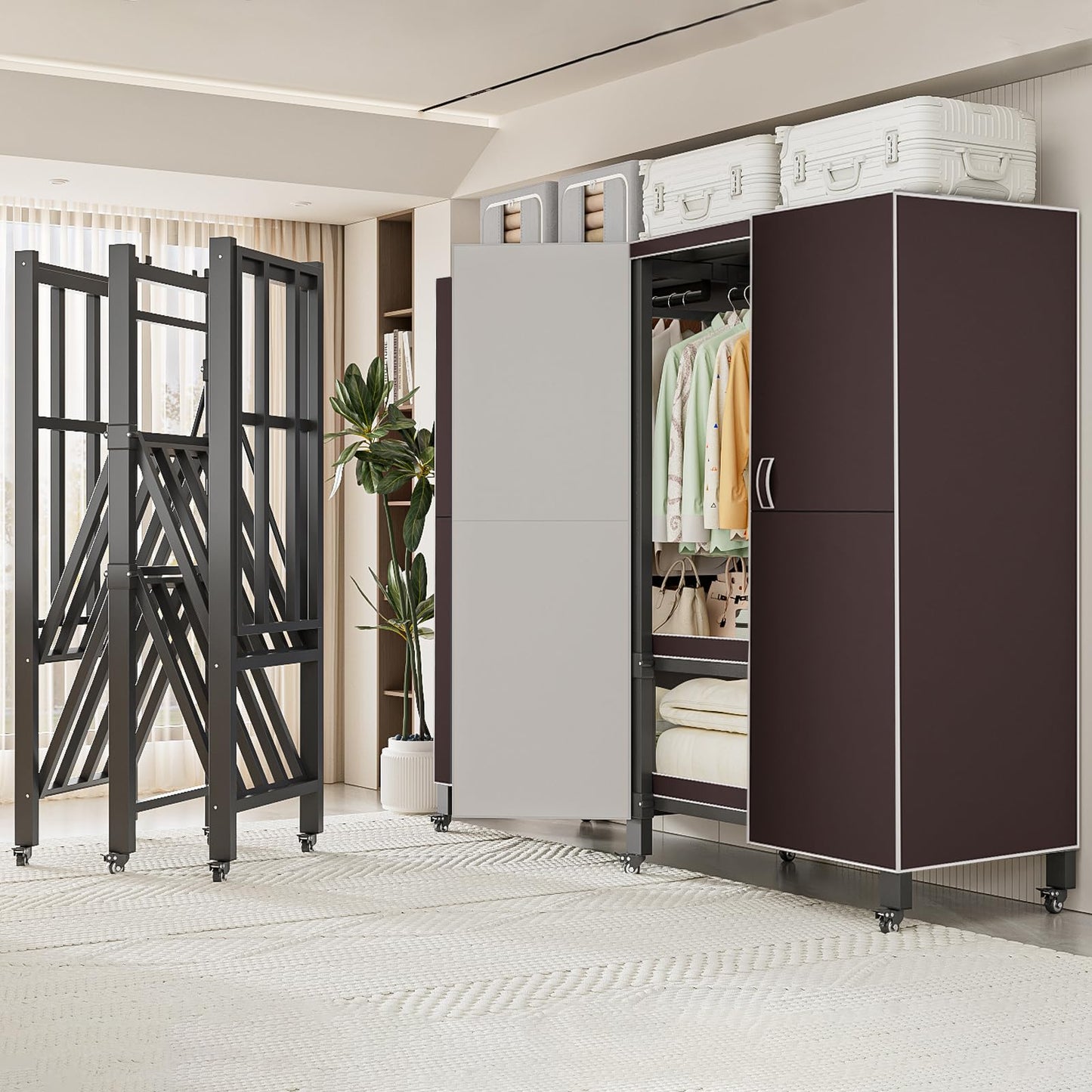 Heavy Duty Covered Clothes Rack with Magnetic Door 1500LBS Foldable Portable Wardrobe Closet for Hanging Clothing Rolling Black Metal Garment Rack on Wheels Closet System (Brown doors, 49.2in)