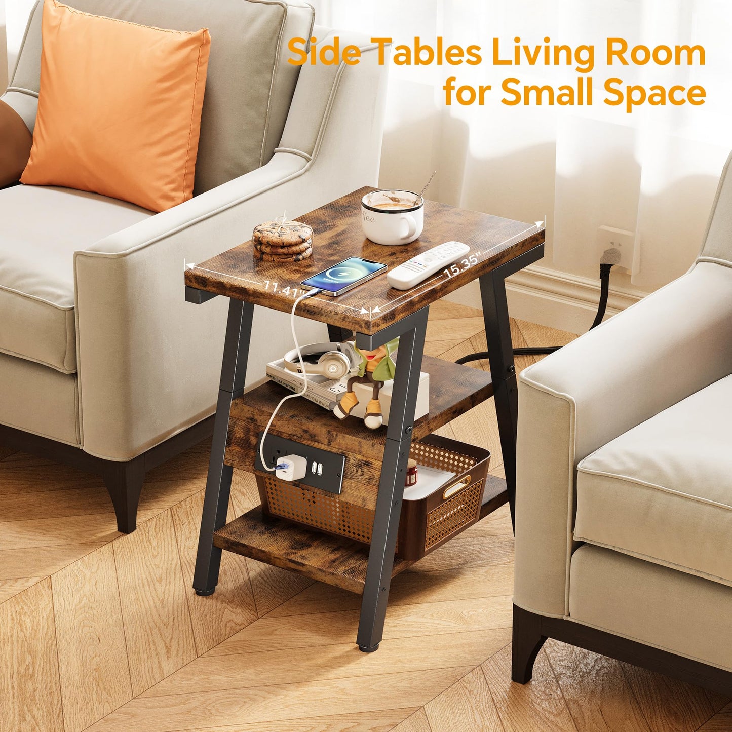 End Table with Charging Station, Small Side Tables with Lucky 7 Metal Shape, 3-Tier Nightstand with Outlets and USB Ports, Adjustable Leveling Feet, side Table for Living Room, Bedroom (Rustic Brown)